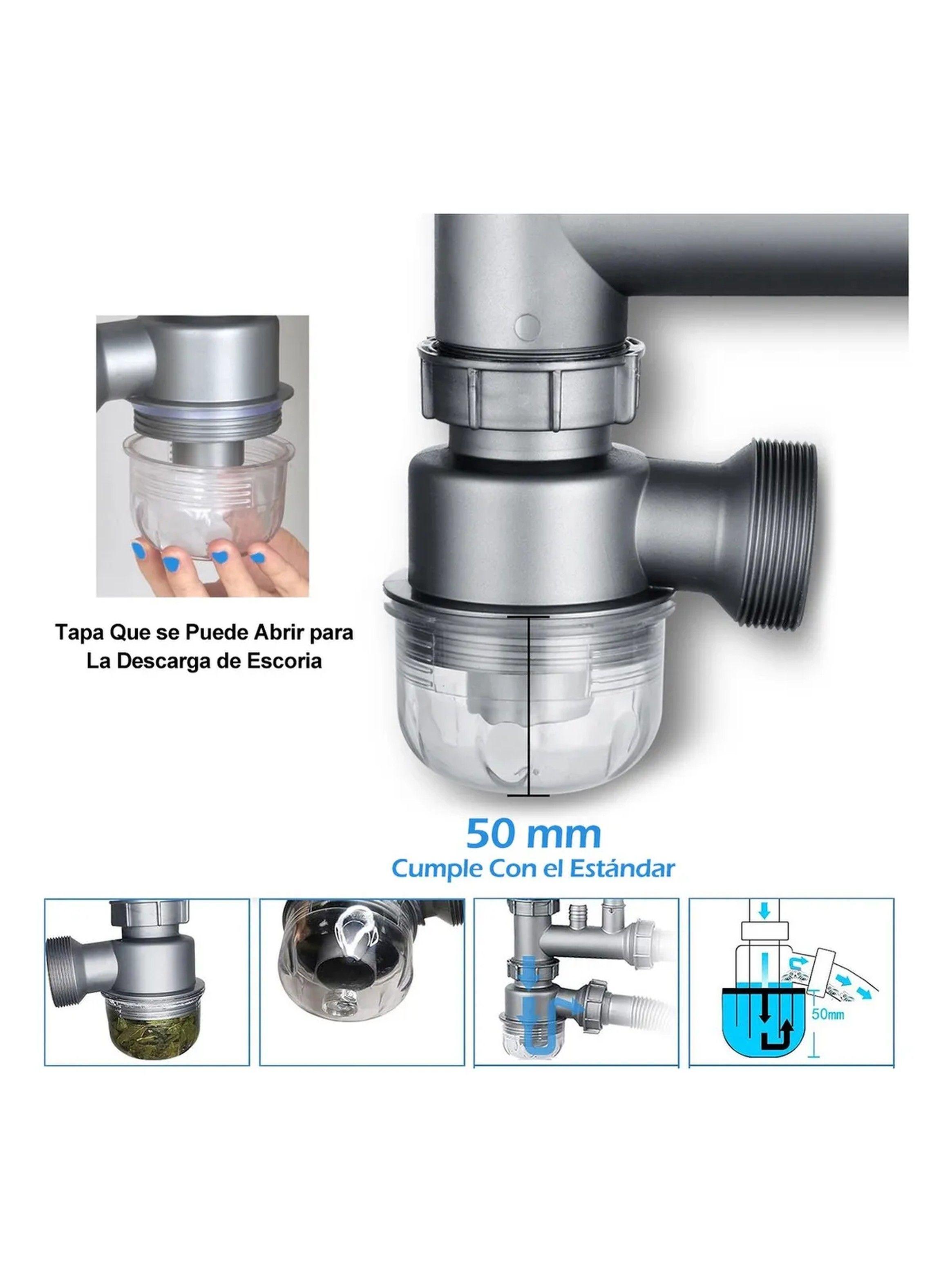 Sistema de Drenaje para Fregadero de Doble Cuenca 360° Ajustable Acero Inoxidable Antirretorno-4