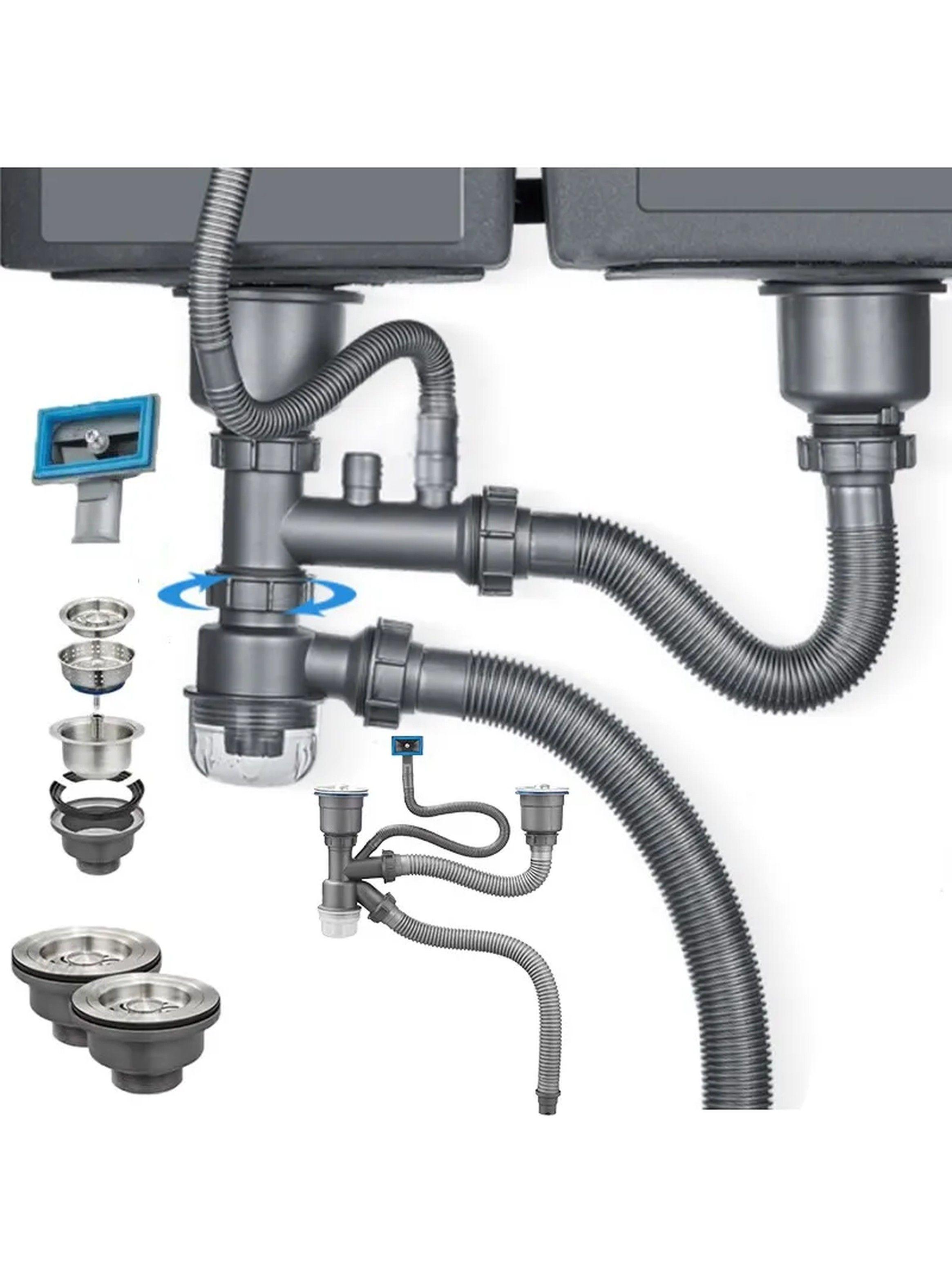 Sistema de Drenaje para Fregadero de Doble Cuenca 360° Ajustable Acero Inoxidable Antirretorno-5