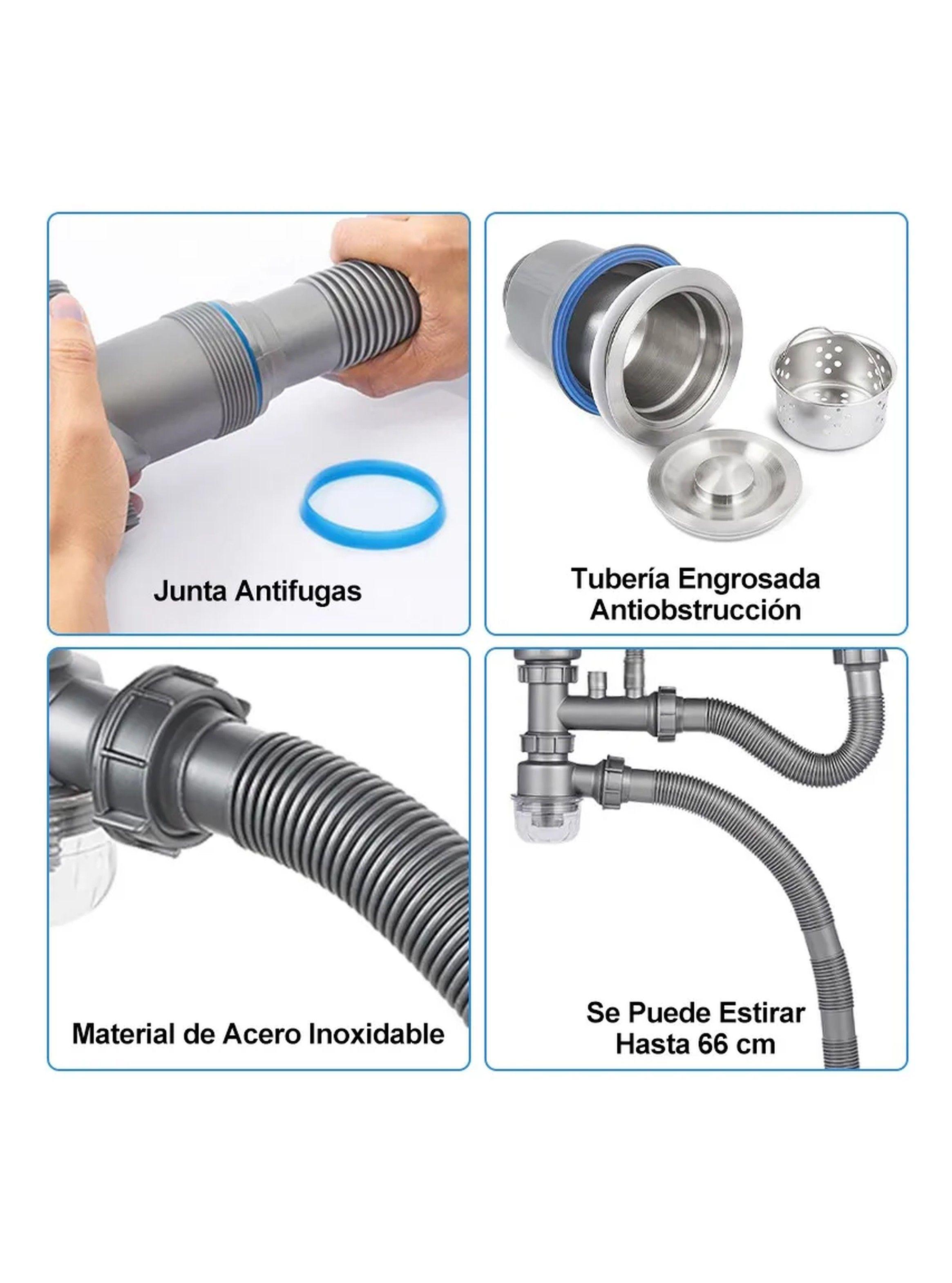 Sistema de Drenaje para Fregadero de Doble Cuenca 360° Ajustable Acero Inoxidable Antirretorno-6