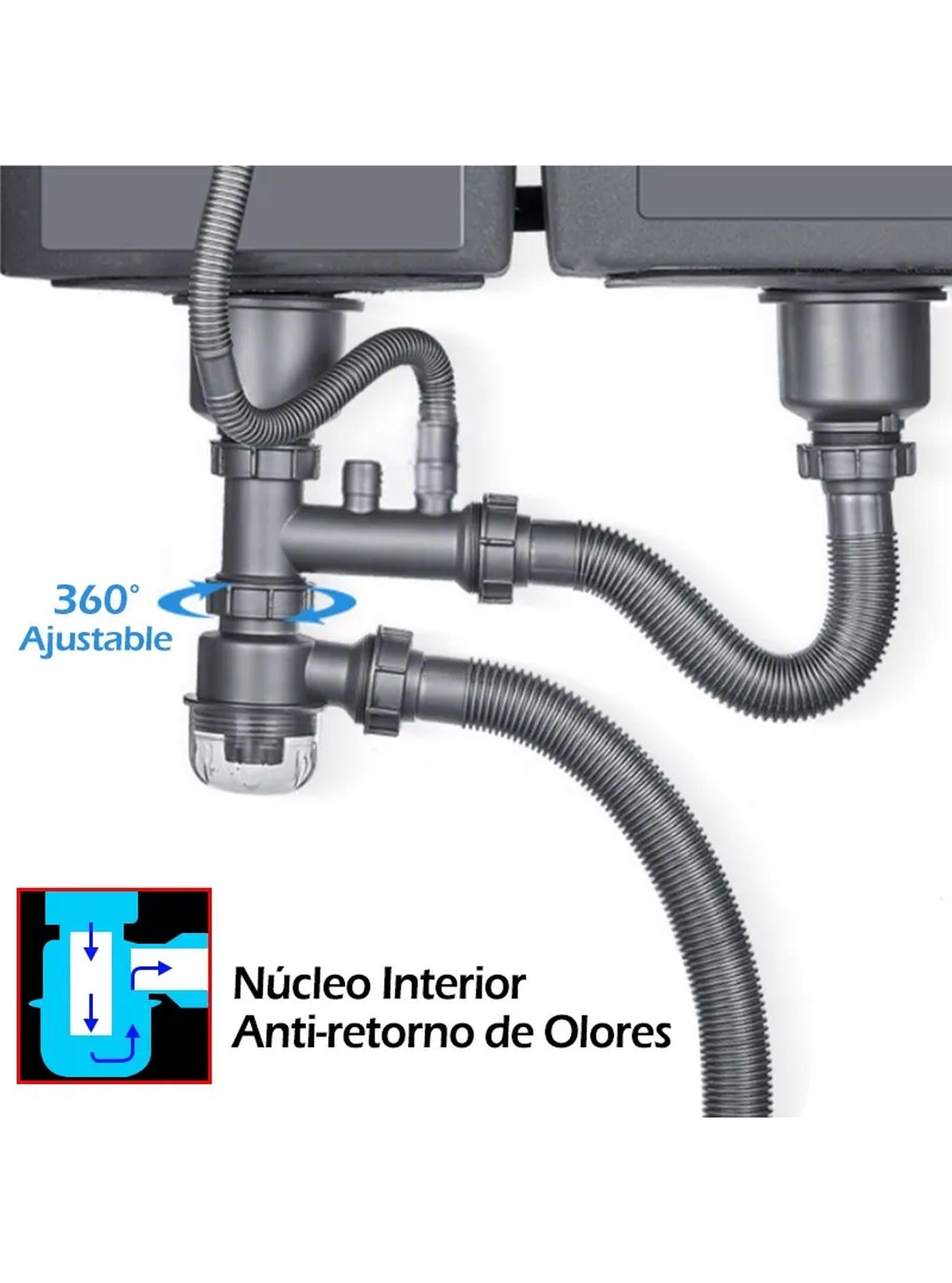 Sistema de Drenaje para Fregadero de Doble Cuenca 360° Ajustable Acero Inoxidable Antirretorno-7