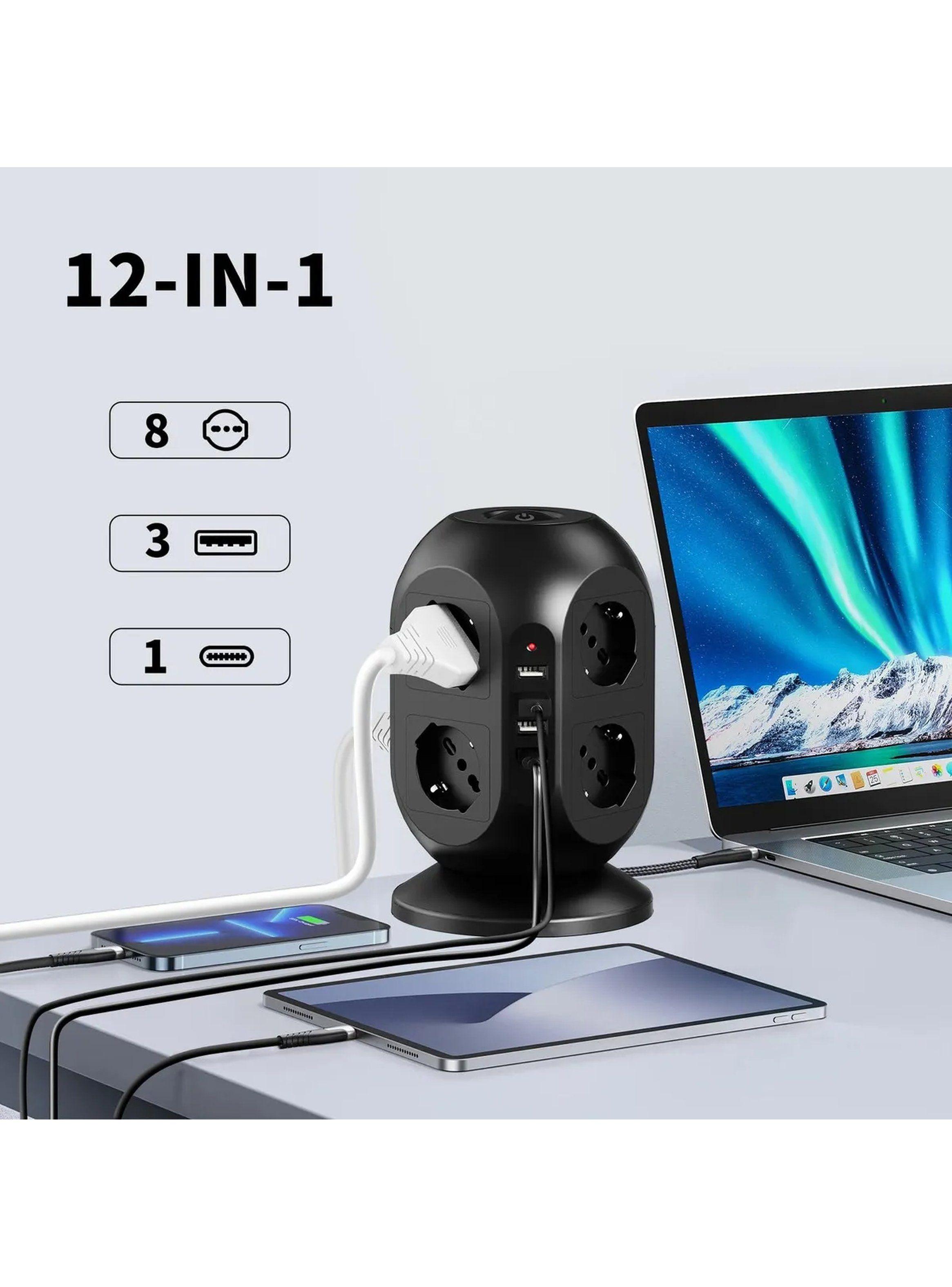 Estación de Carga Vertical Multiple USB y Tomacorrientes Cable 2M-4