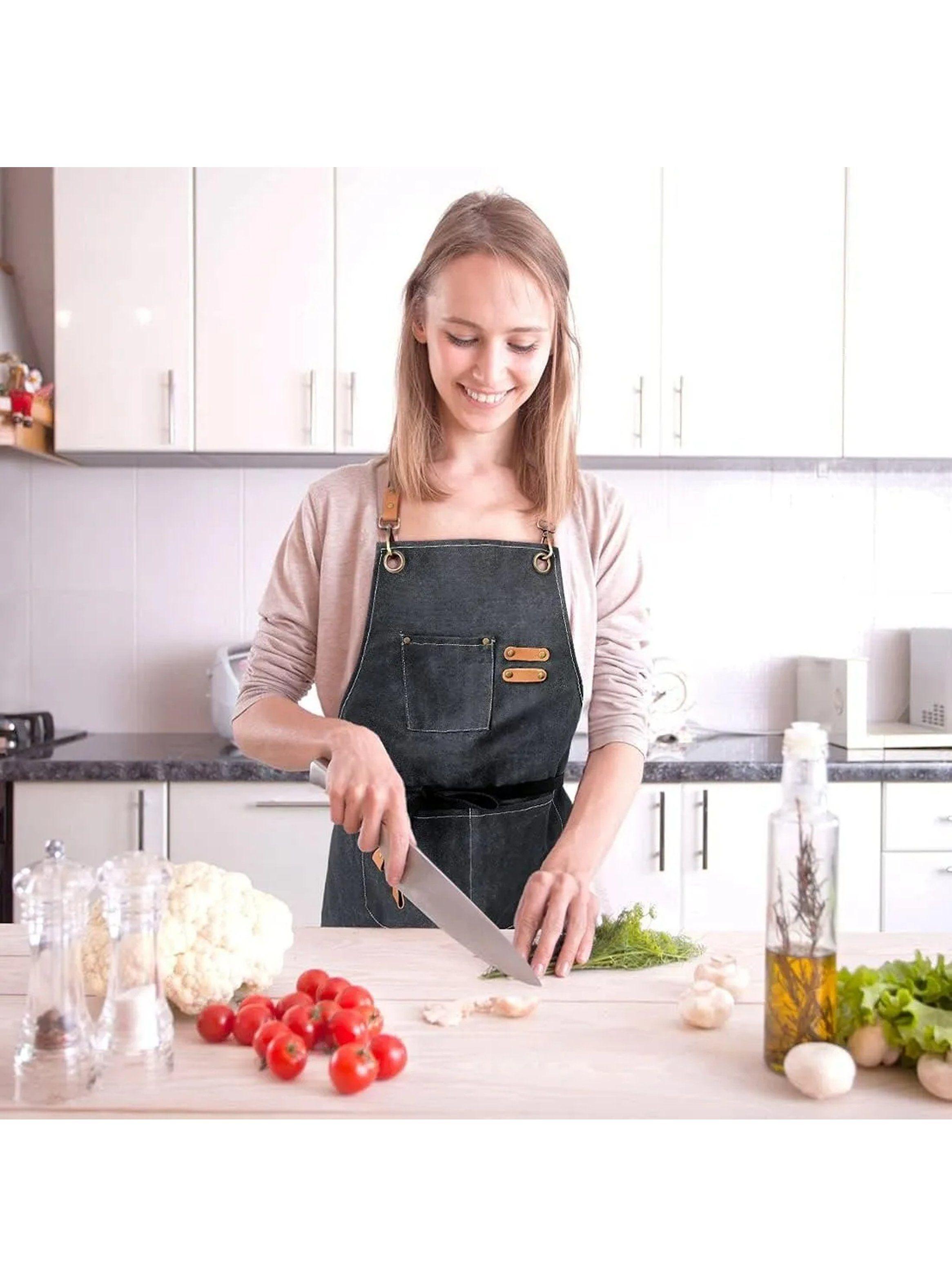 Delantal de Cocina Unisex con Bolsillos Ajustable Algodón Negro-2