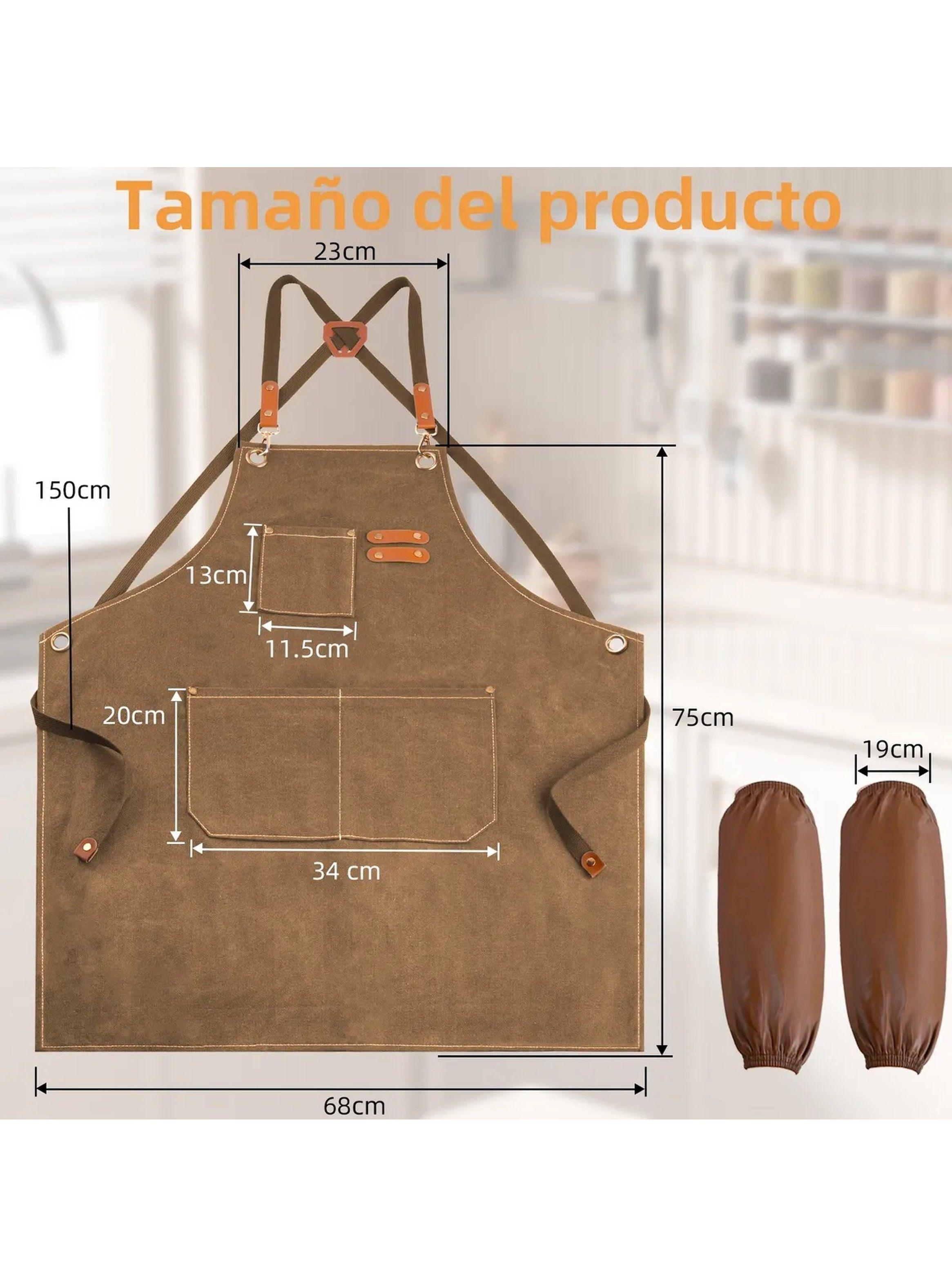 Delantal de Trabajo Unisex Resistente Algodón Con Mangas Marrón-2