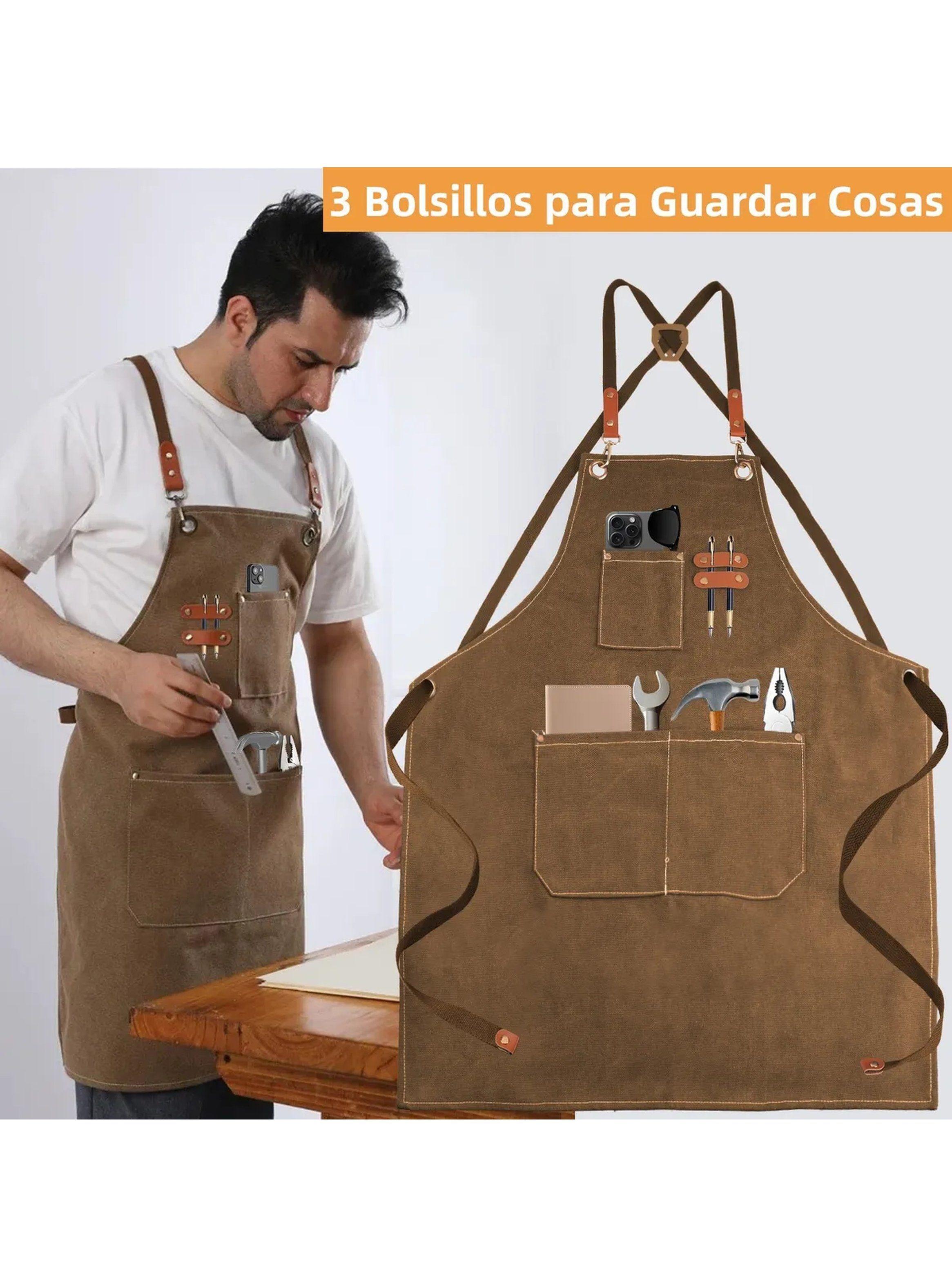 Delantal de Trabajo Unisex Resistente Algodón Con Mangas Marrón-5