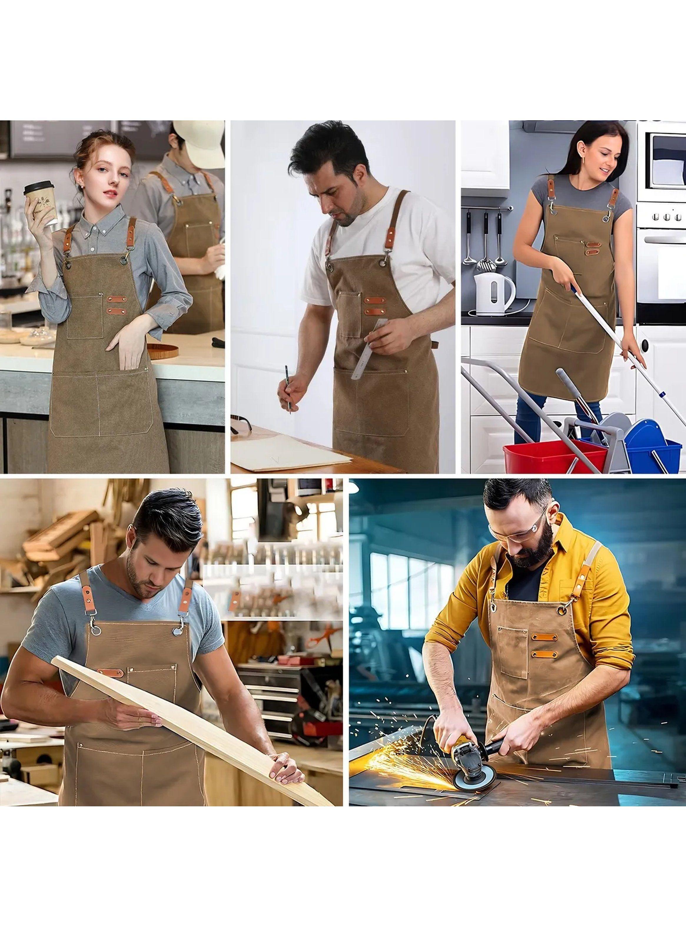 Delantal de Trabajo Unisex Resistente Algodón Con Mangas Marrón-6