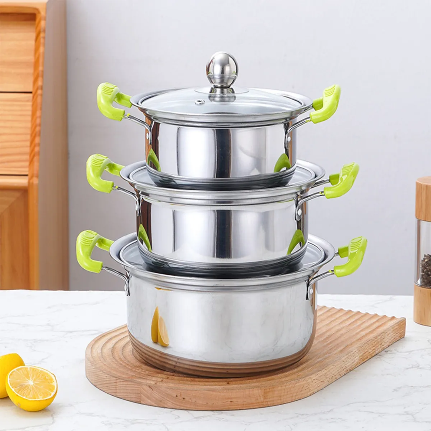 Juego de Ollas Acero Inoxidable Fondo Plano Antiadherente 3 Piezas-3