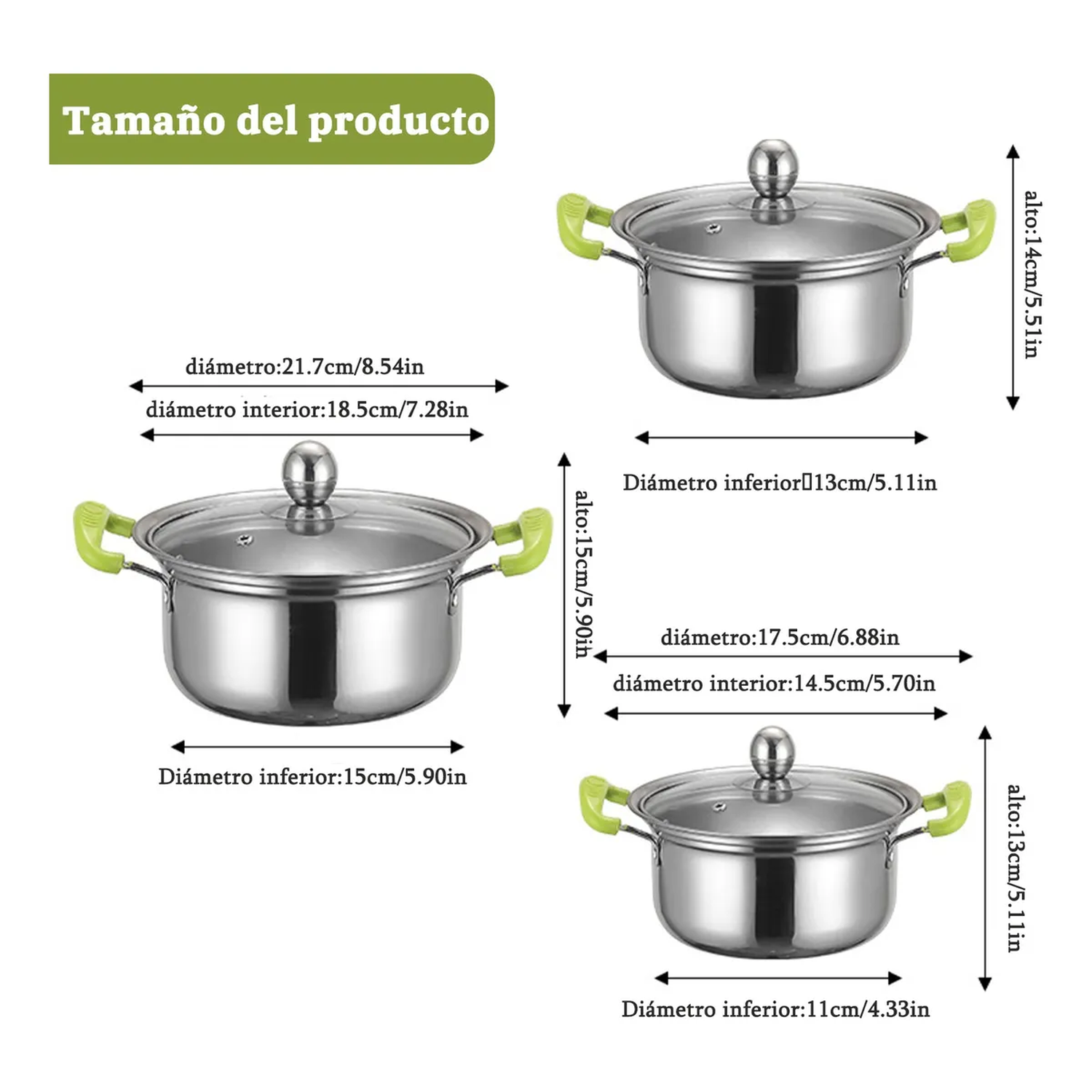 Juego de Ollas Acero Inoxidable Fondo Plano Antiadherente 3 Piezas-5