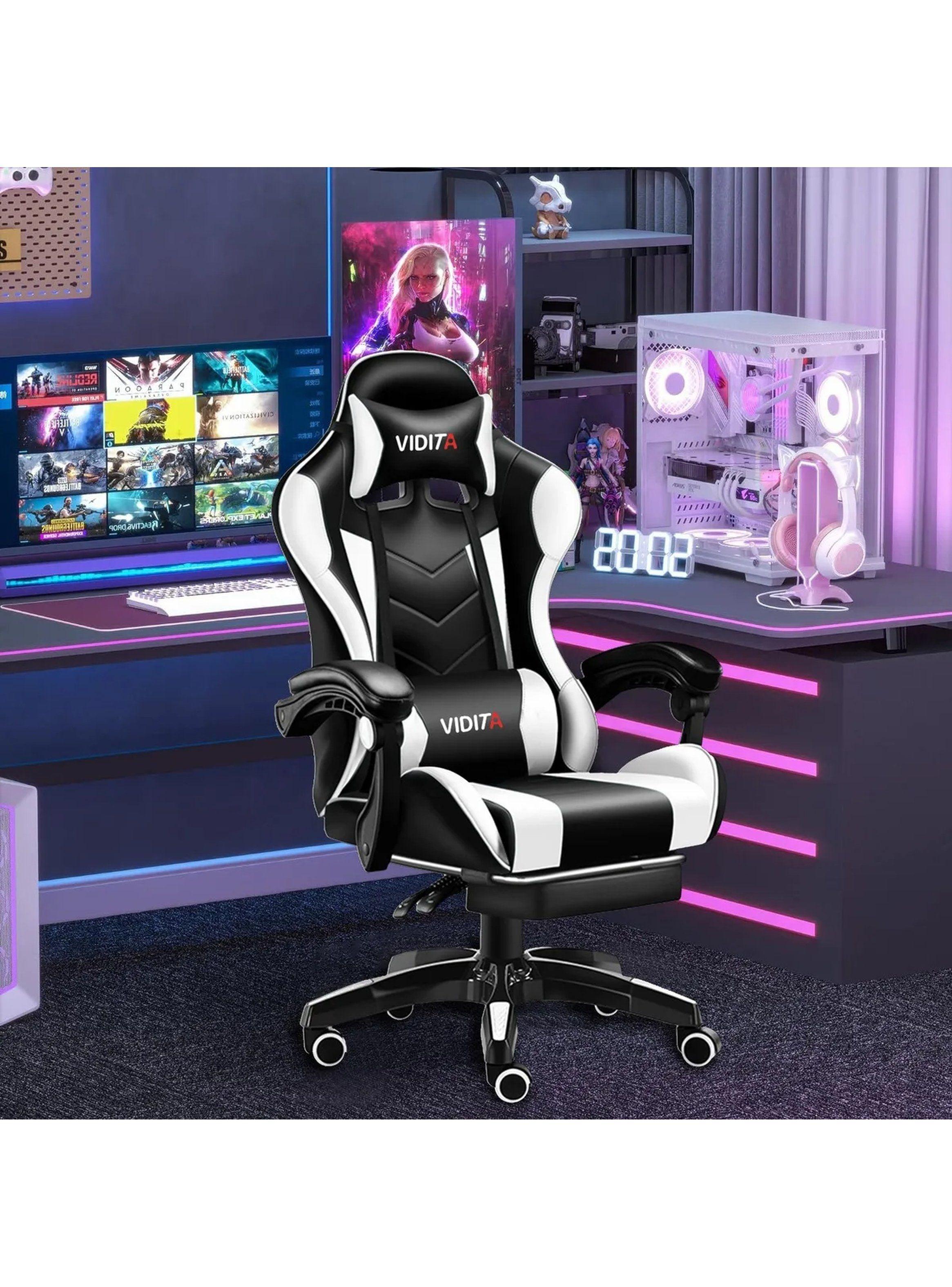 Silla Gamer Ergonómica Reclinable Soporte Lumbar Material PU Negro Blanco-1