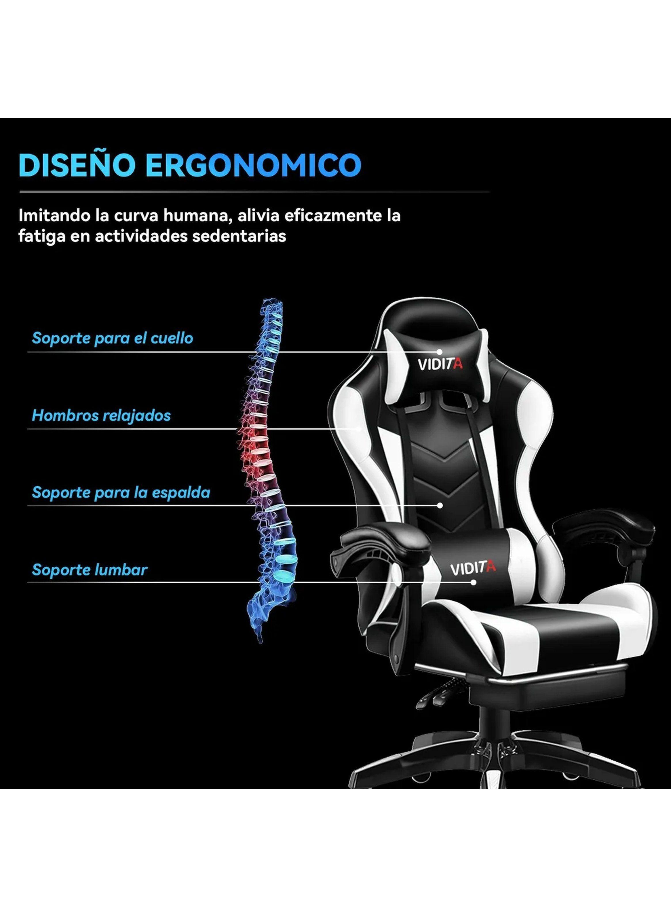 Silla Gamer Ergonómica Reclinable Soporte Lumbar Material PU Negro Blanco-2