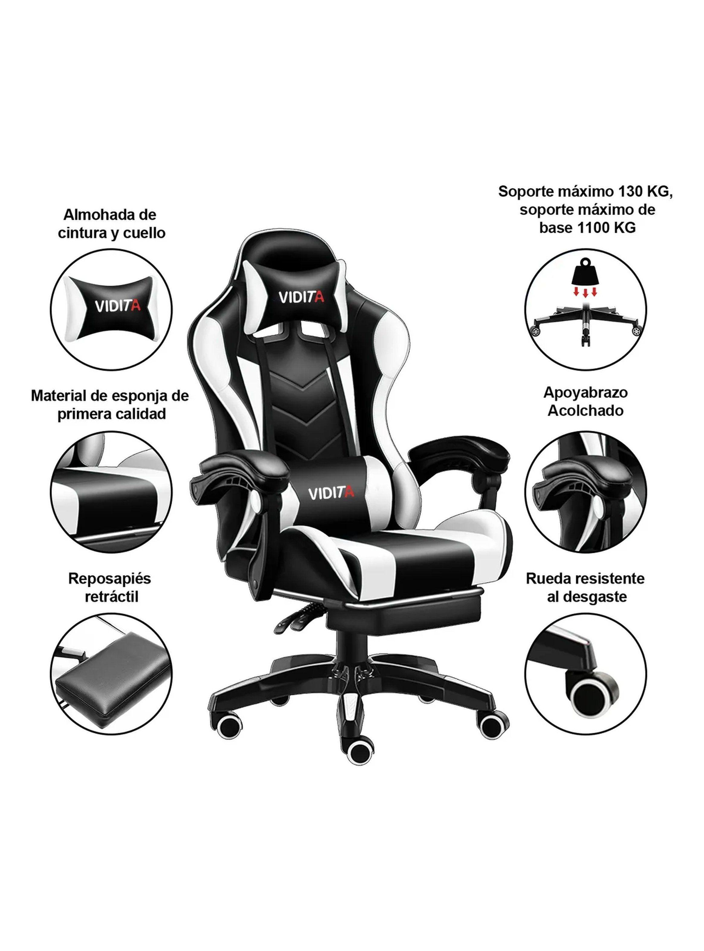 Silla Gamer Ergonómica Reclinable Soporte Lumbar Material PU Negro Blanco-7
