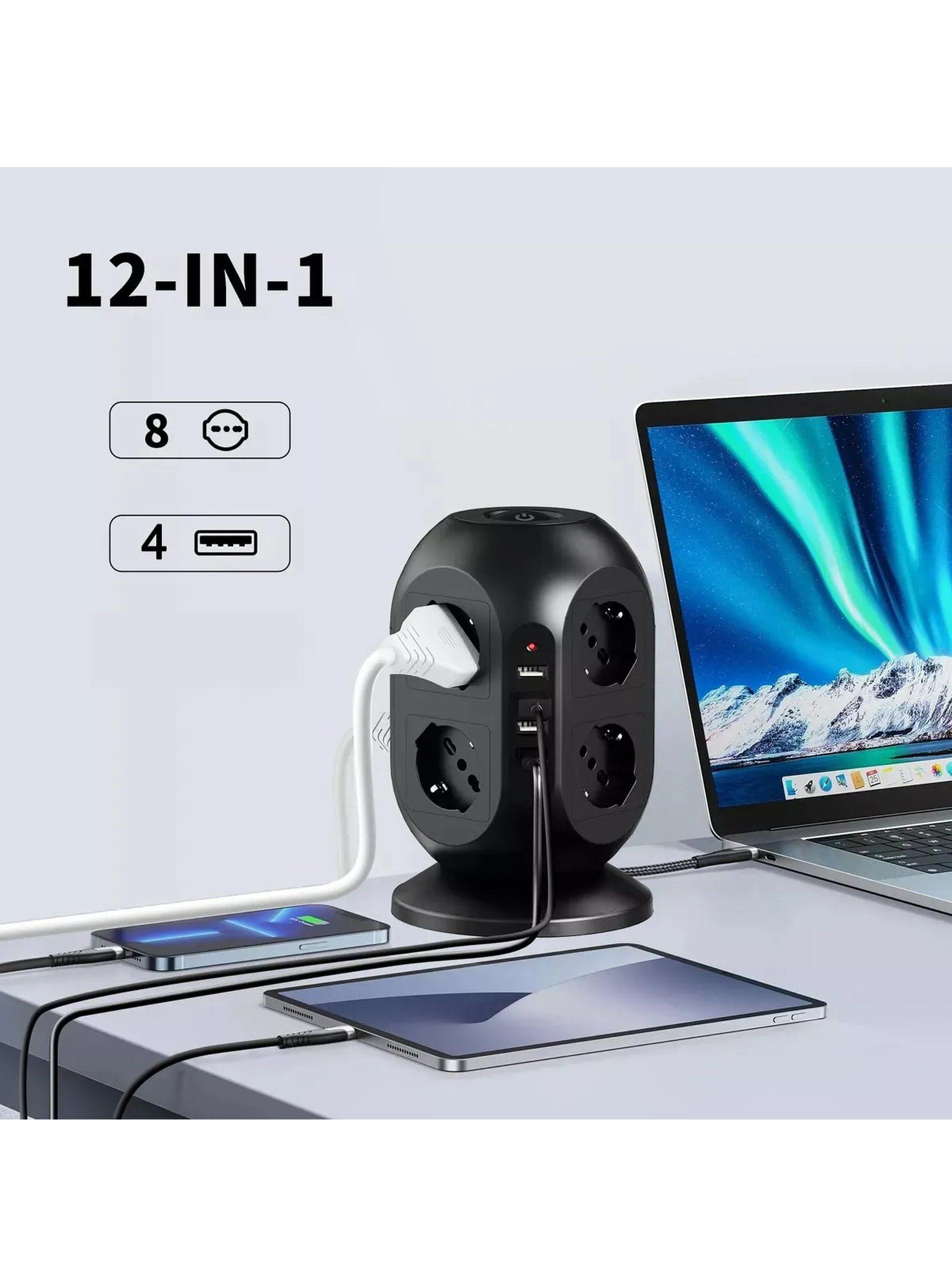 Torre de Energía con USB Multipuerto 6 Tomas Rotativas Cable 1.8M Negro-4