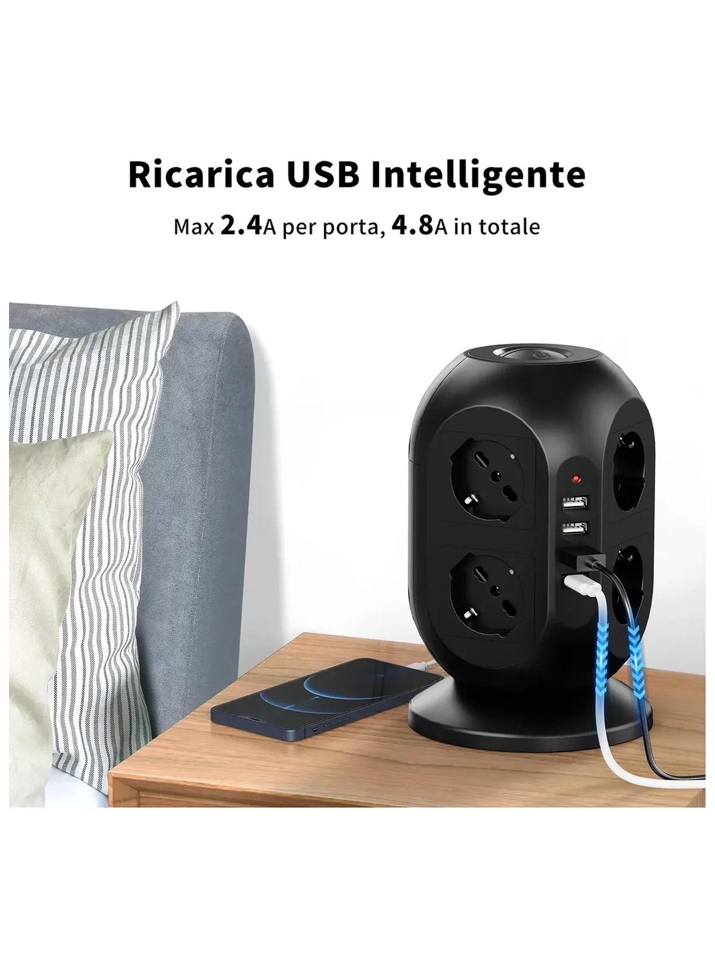 Torre de Energía con USB Multipuerto 6 Tomas Rotativas Cable 1.8M Negro-6