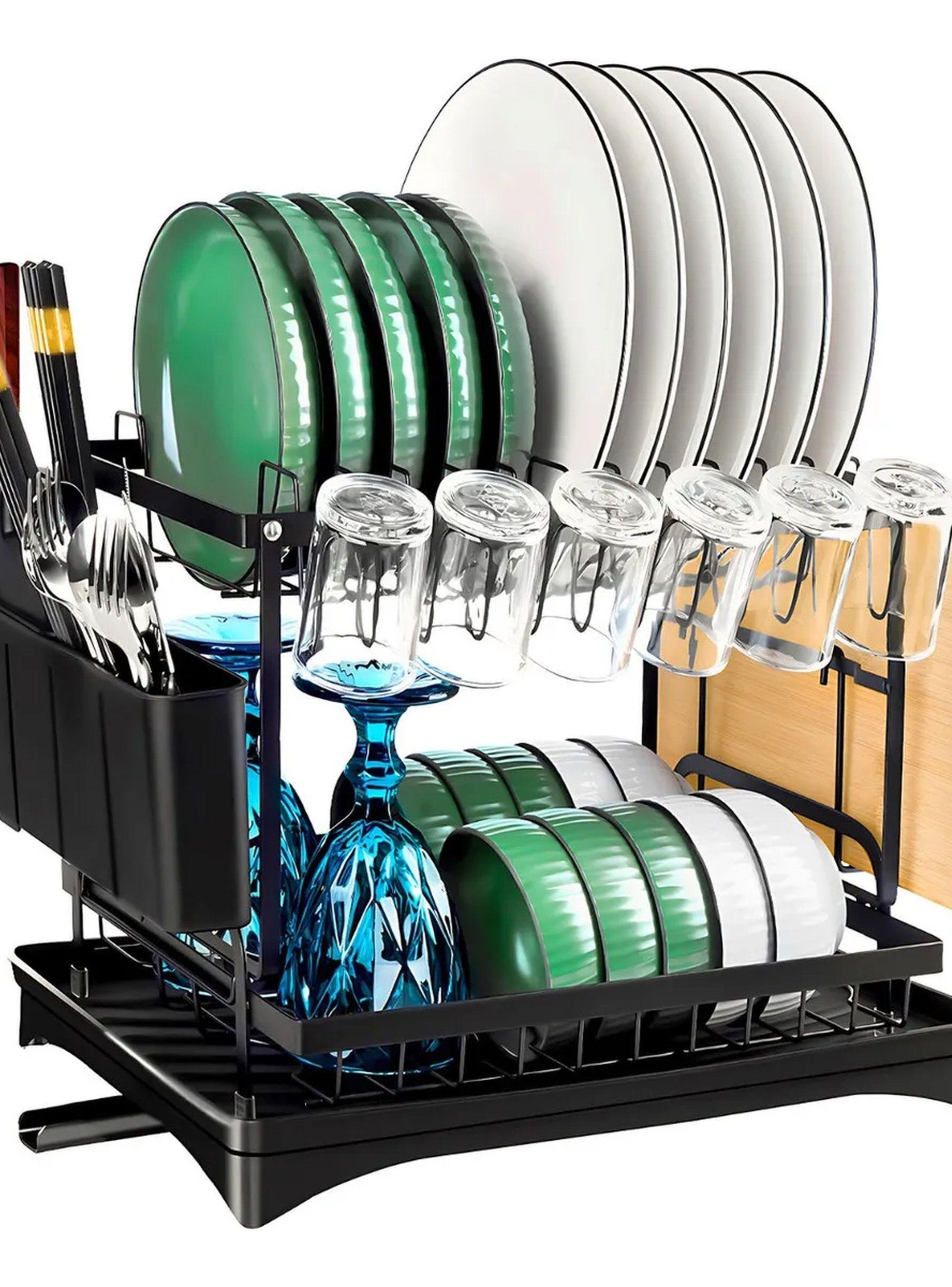 Escurridor de Platos de Doble Nivel con Porta Cubiertos y Soporte para Vasos-0