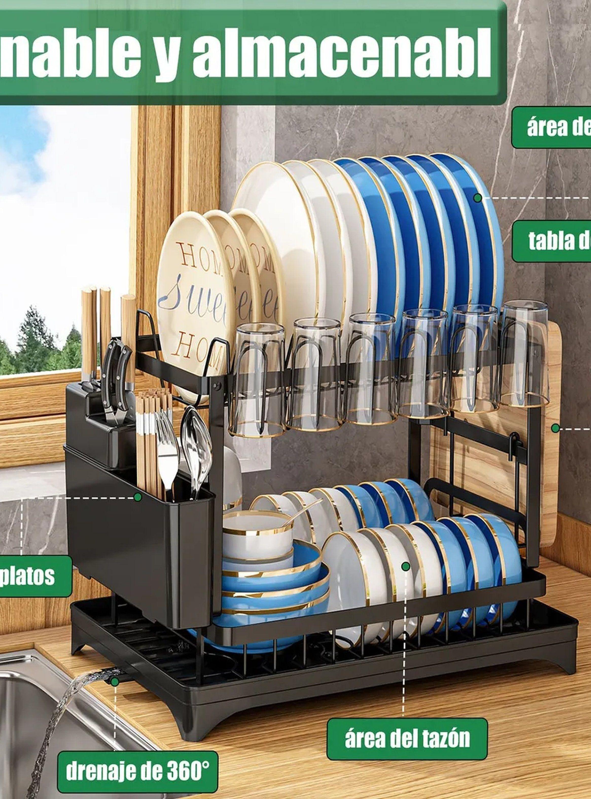 Escurridor de Platos de Doble Nivel con Porta Cubiertos y Soporte para Vasos-1
