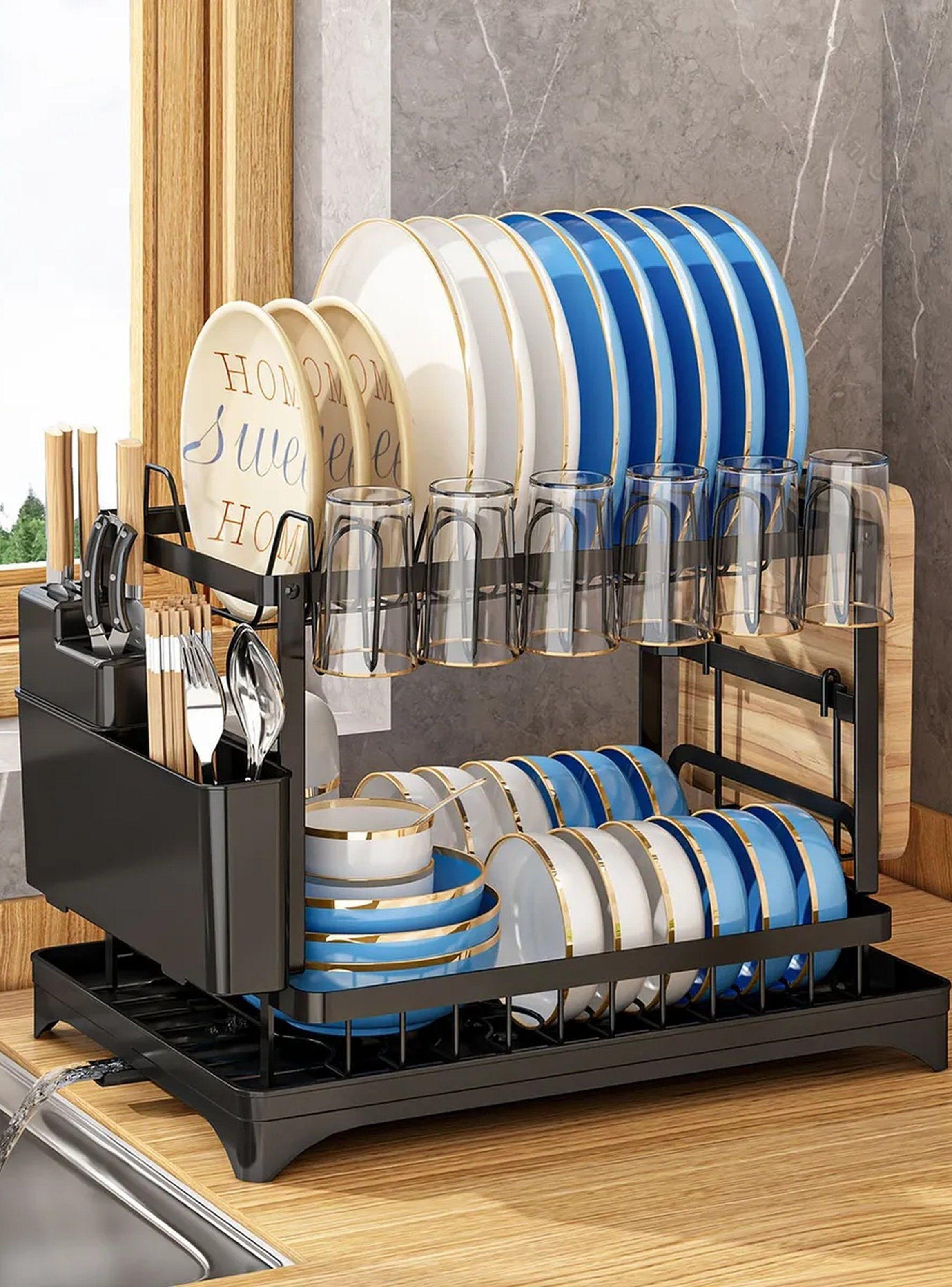 Escurridor de Platos de Doble Nivel con Porta Cubiertos y Soporte para Vasos-2