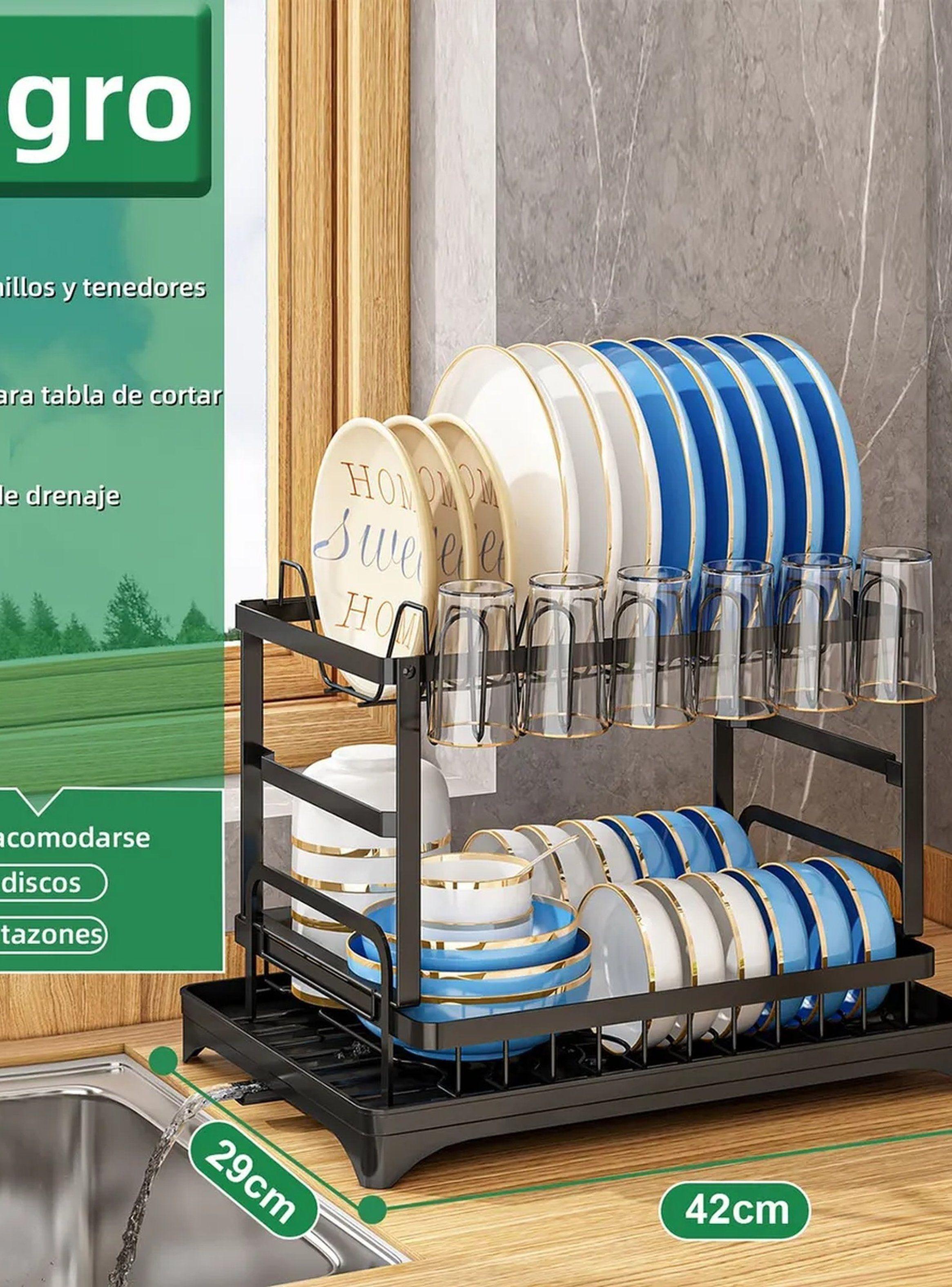 Escurridor de Platos de Doble Nivel con Porta Cubiertos y Soporte para Vasos-7