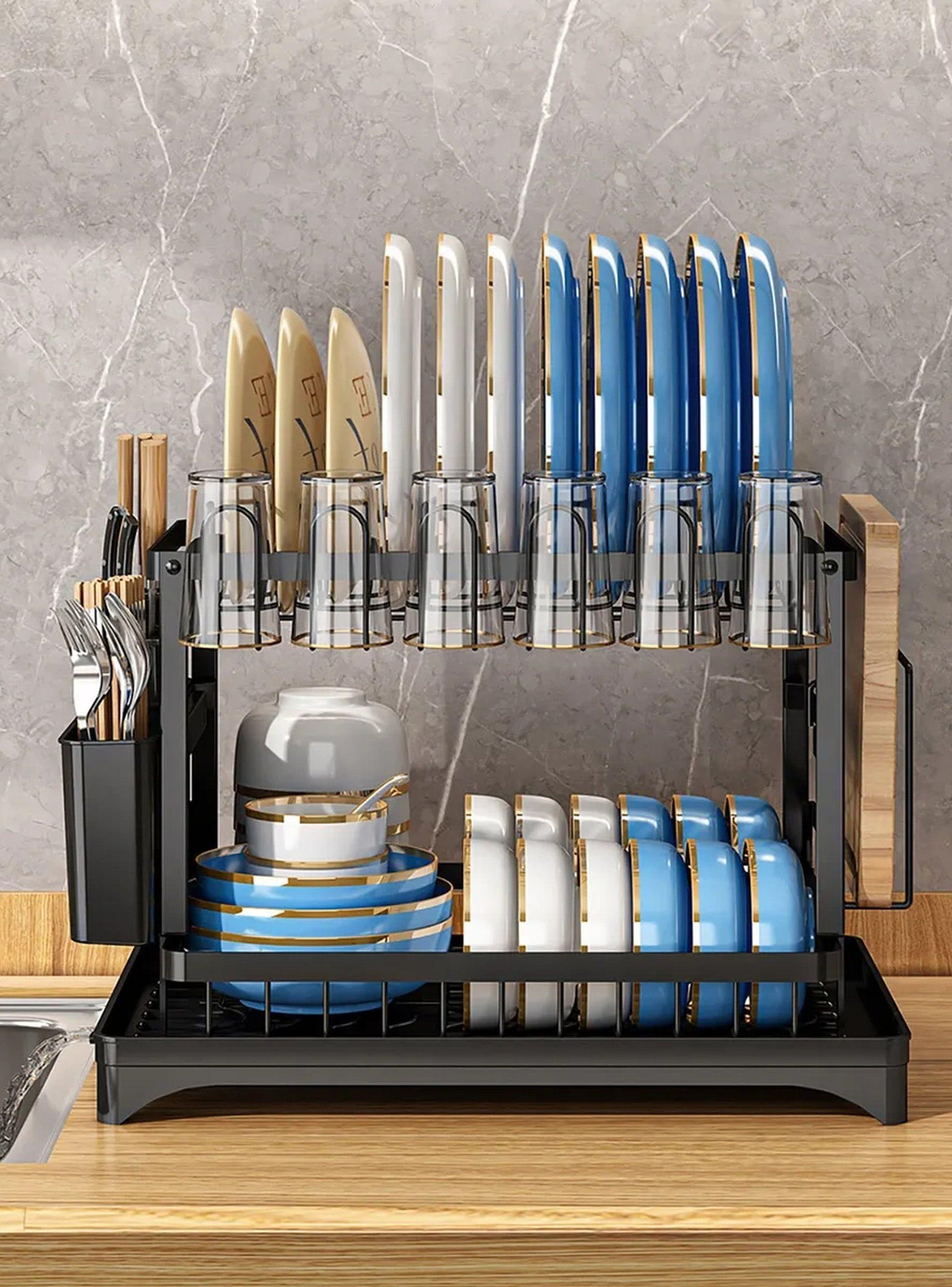 Escurridor de Platos de Doble Nivel con Porta Cubiertos y Soporte para Vasos-8