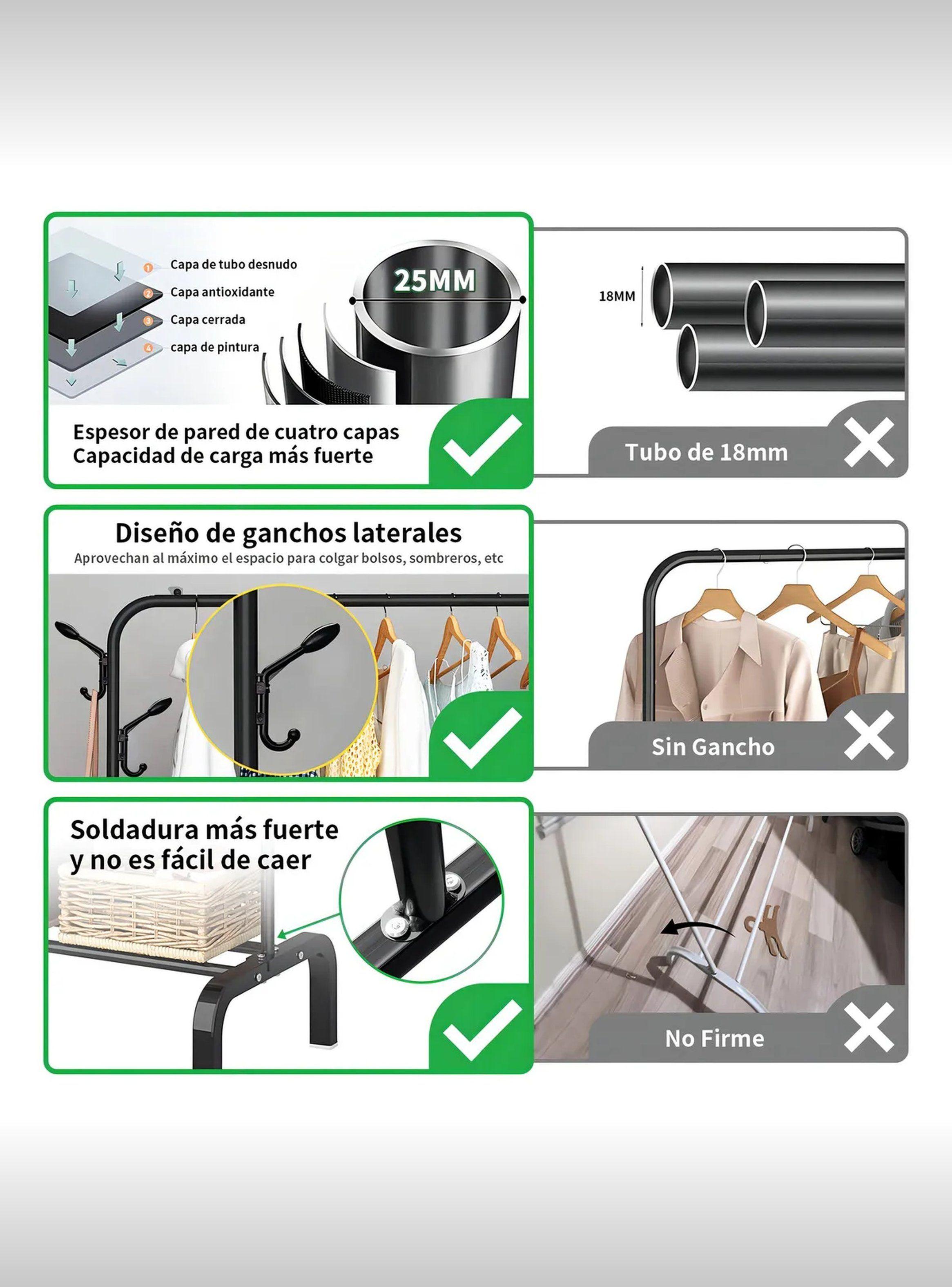 Perchero Metálico Multifuncional Resistente 25mm con Ganchos Laterales-1