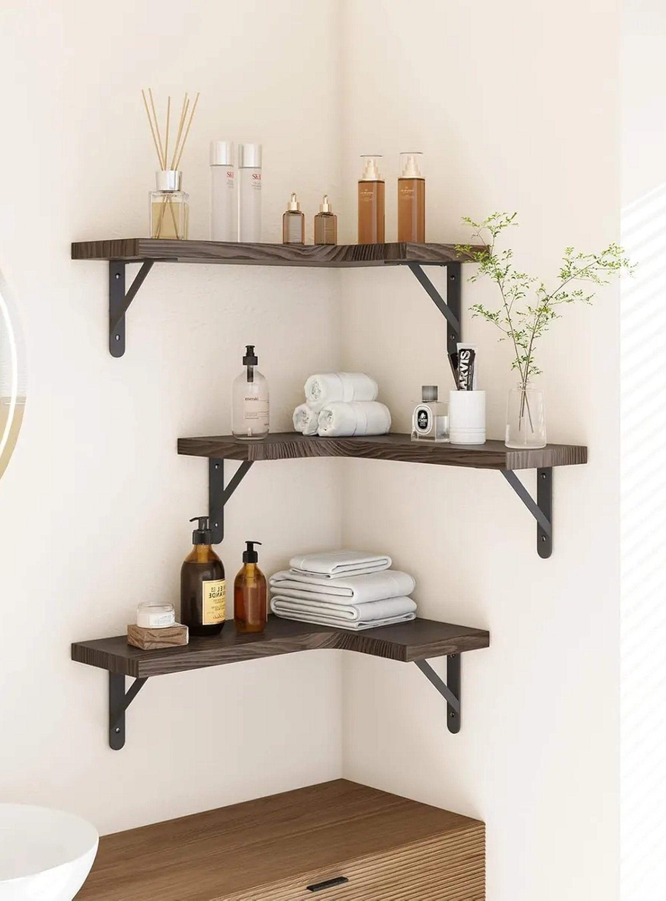 Estantes de Esquina Flotantes de Madera Rústica con Soportes Metálicos | 40 Lb Capacidad-2