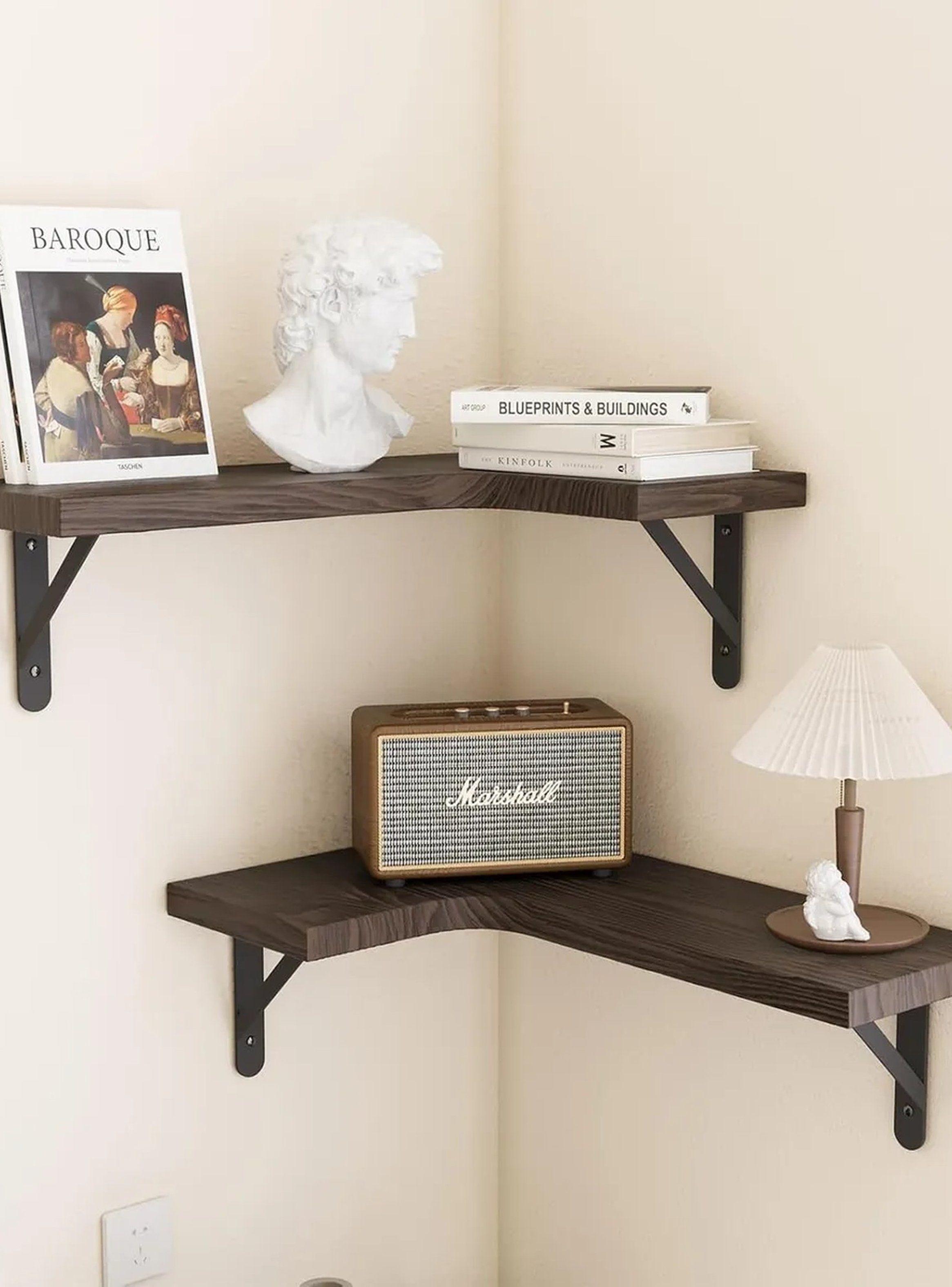 Estantes de Esquina Flotantes de Madera Rústica con Soportes Metálicos | 40 Lb Capacidad-5