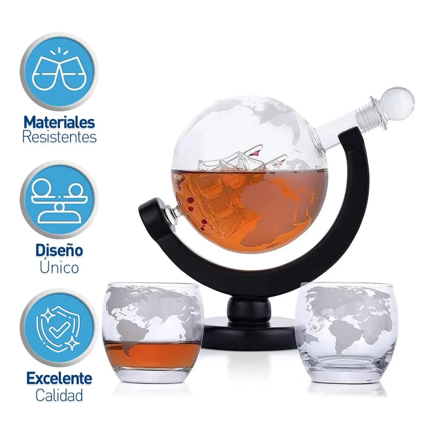 Set de Decantador de Whisky Globo de Vidrio Soplado a Mano con 2 Vasos-4