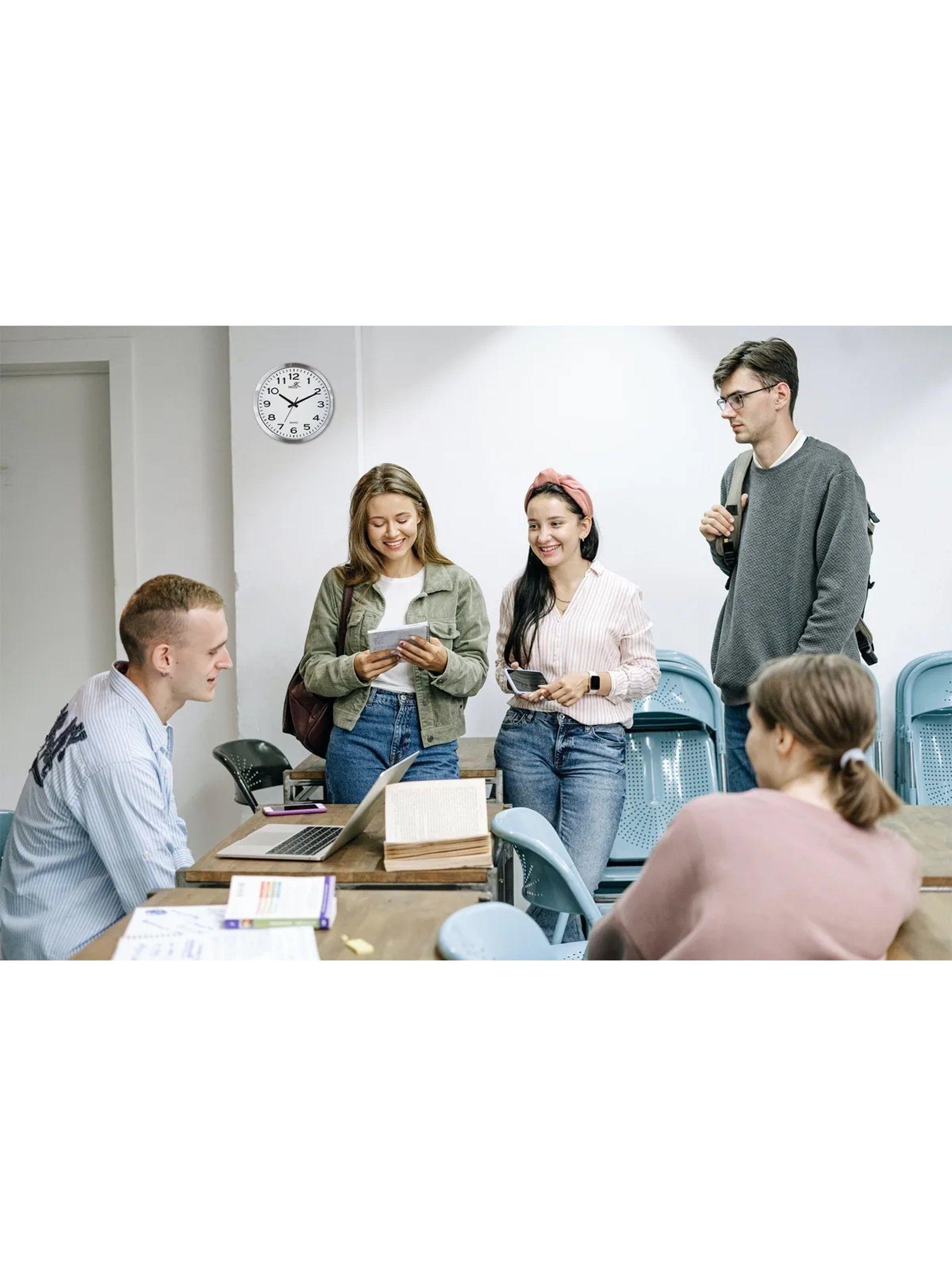 Reloj de Pared Redondo Marco Metálico Blanco y Plata-2