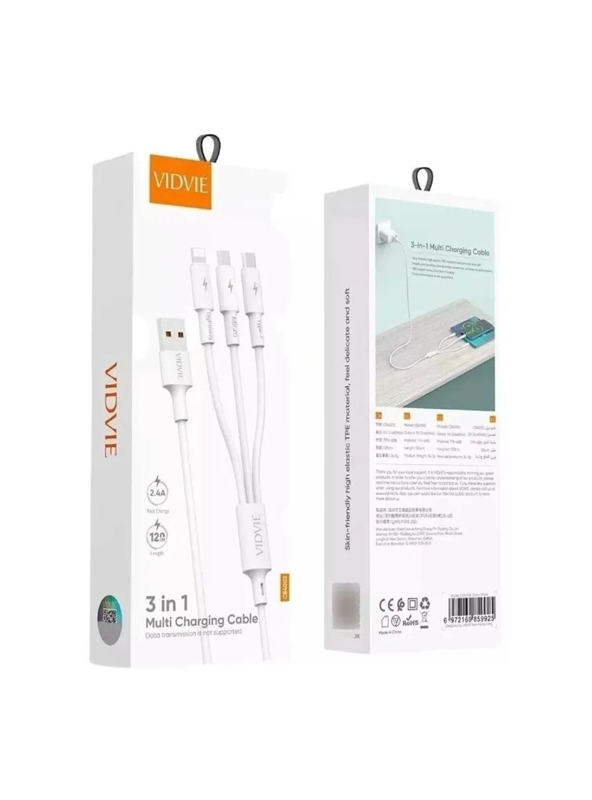 Cable de Carga 3 en 1 USB Tipo-C Lightning Micro USB Blanco-3