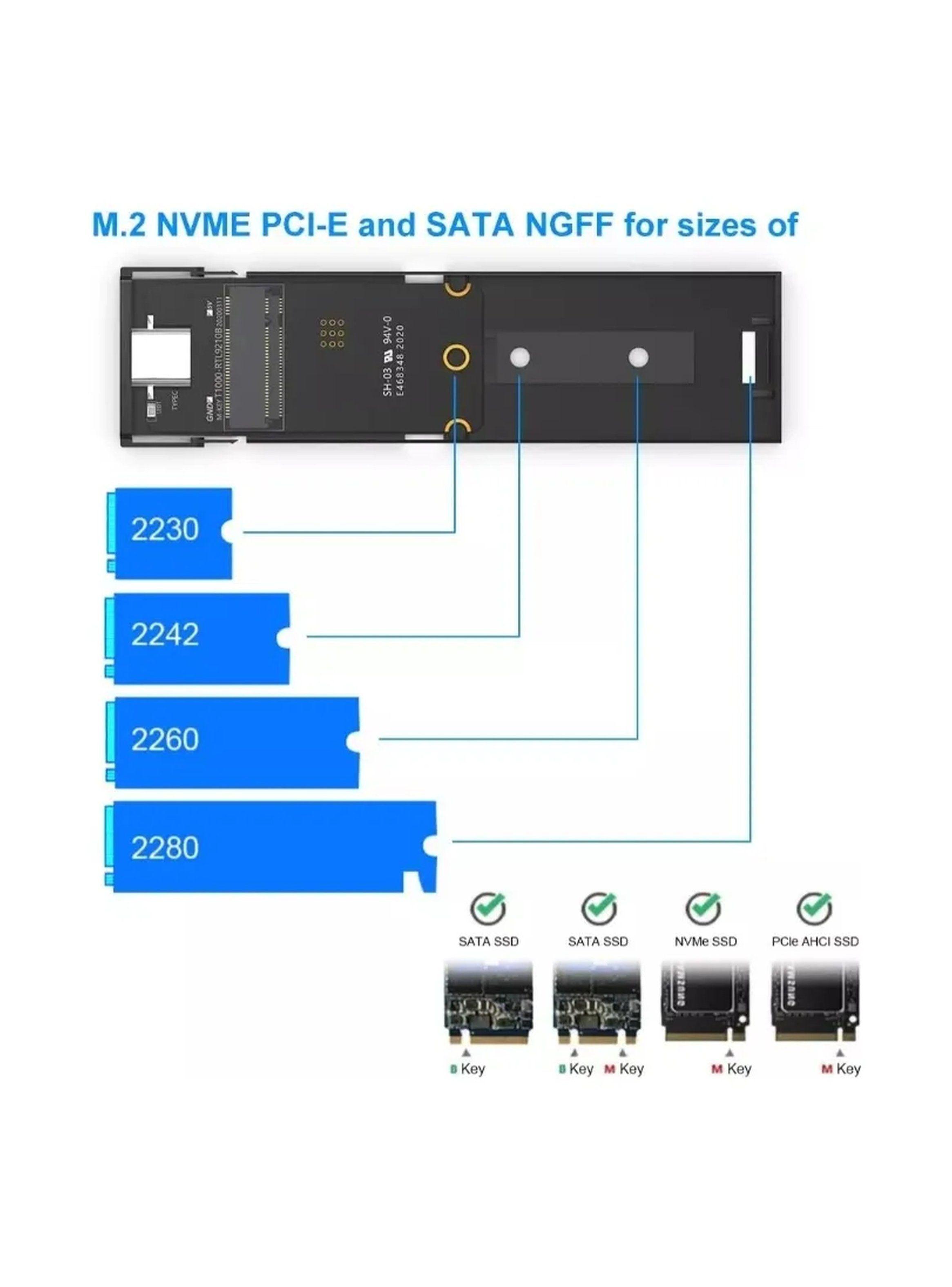 Adaptador M.2 NVMe a USB-C Aluminio Compatible Tamaños 2230-2280-2