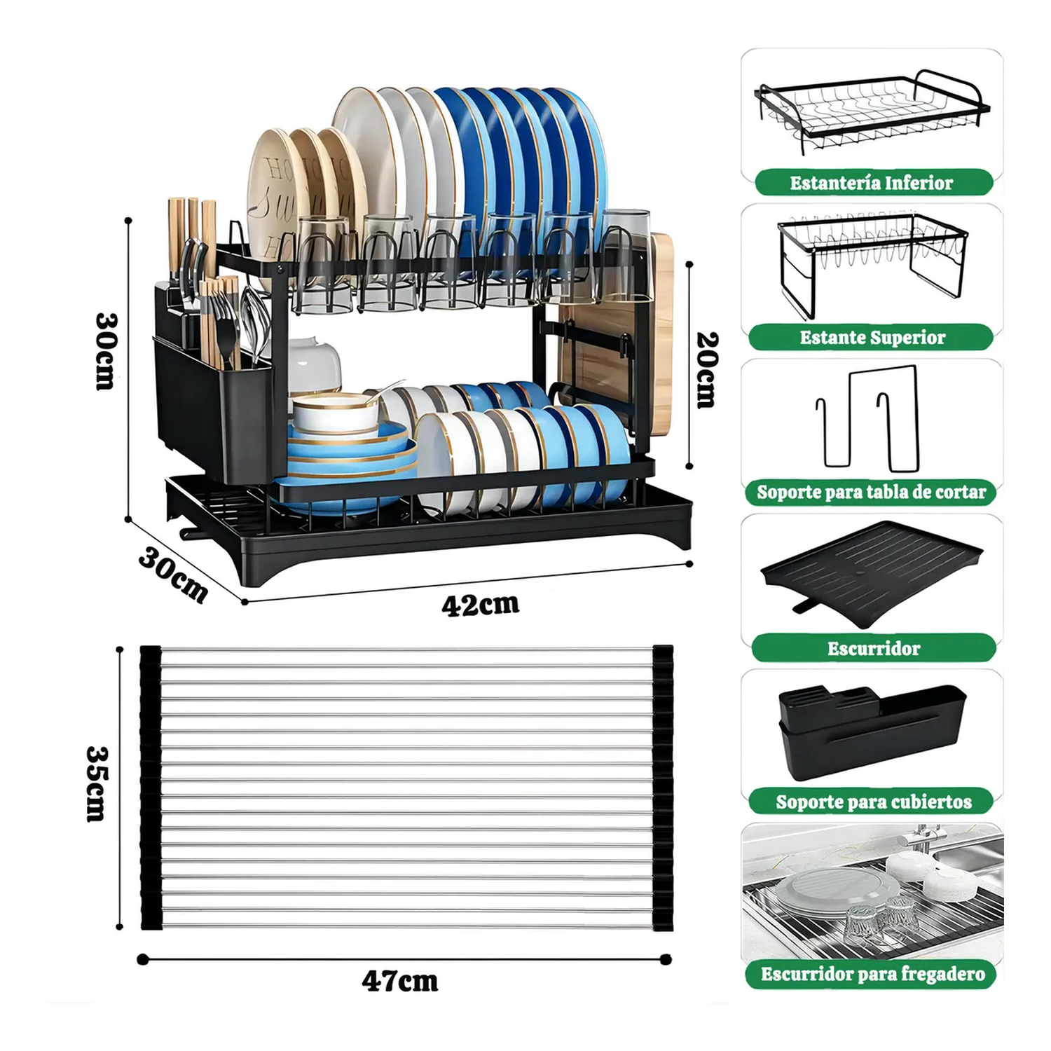 Escurreplatos de Acero Carbono 2 Niveles con Drenaje Giratorio y Soporte para Utensilios-2