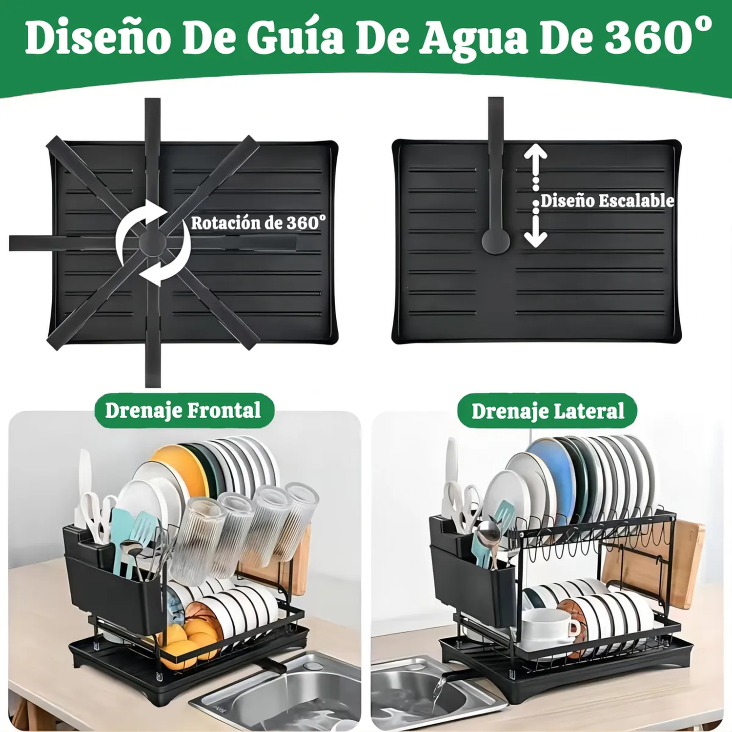 Escurreplatos de Acero Carbono 2 Niveles con Drenaje Giratorio y Soporte para Utensilios-4