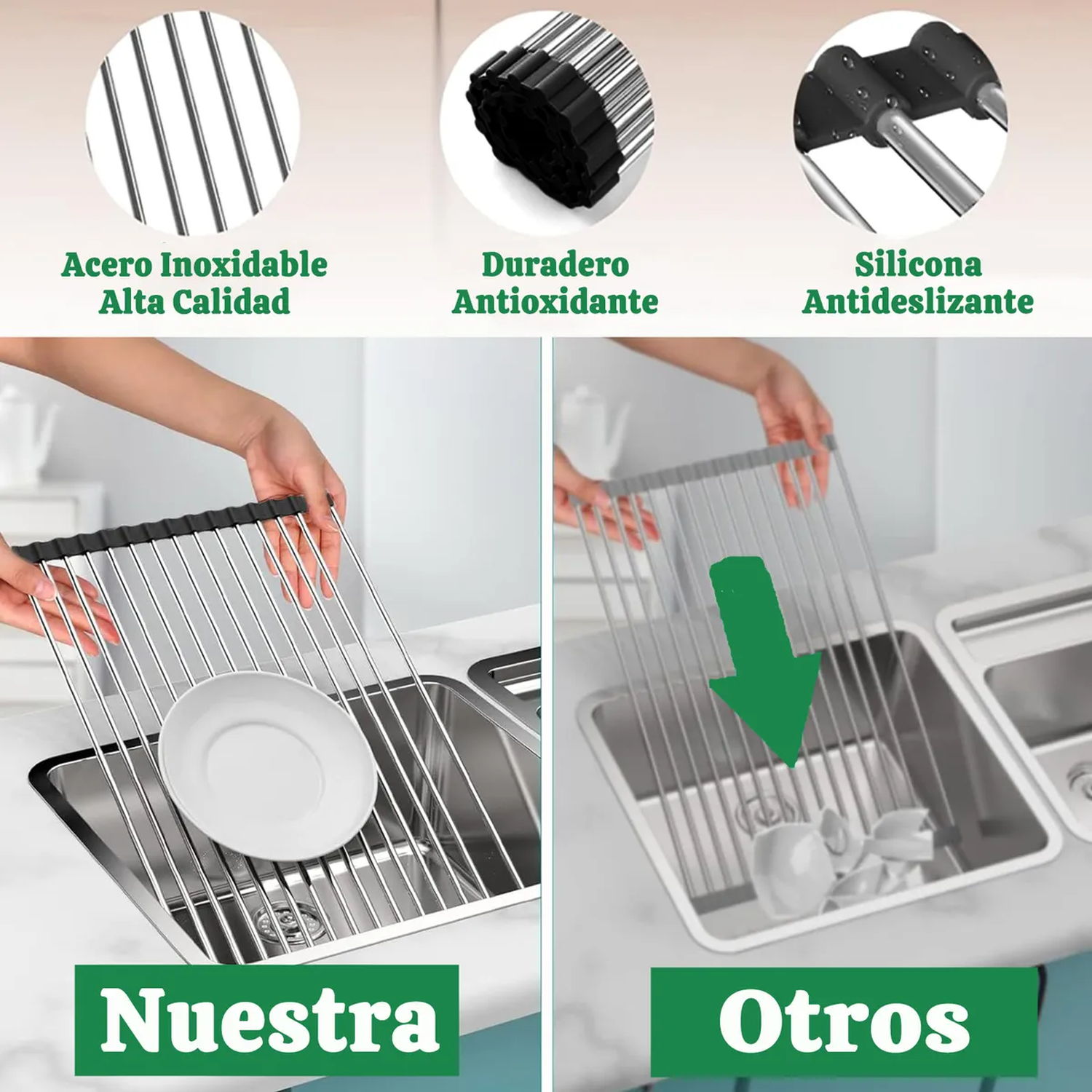 Escurreplatos de Acero Carbono 2 Niveles con Drenaje Giratorio y Soporte para Utensilios-8
