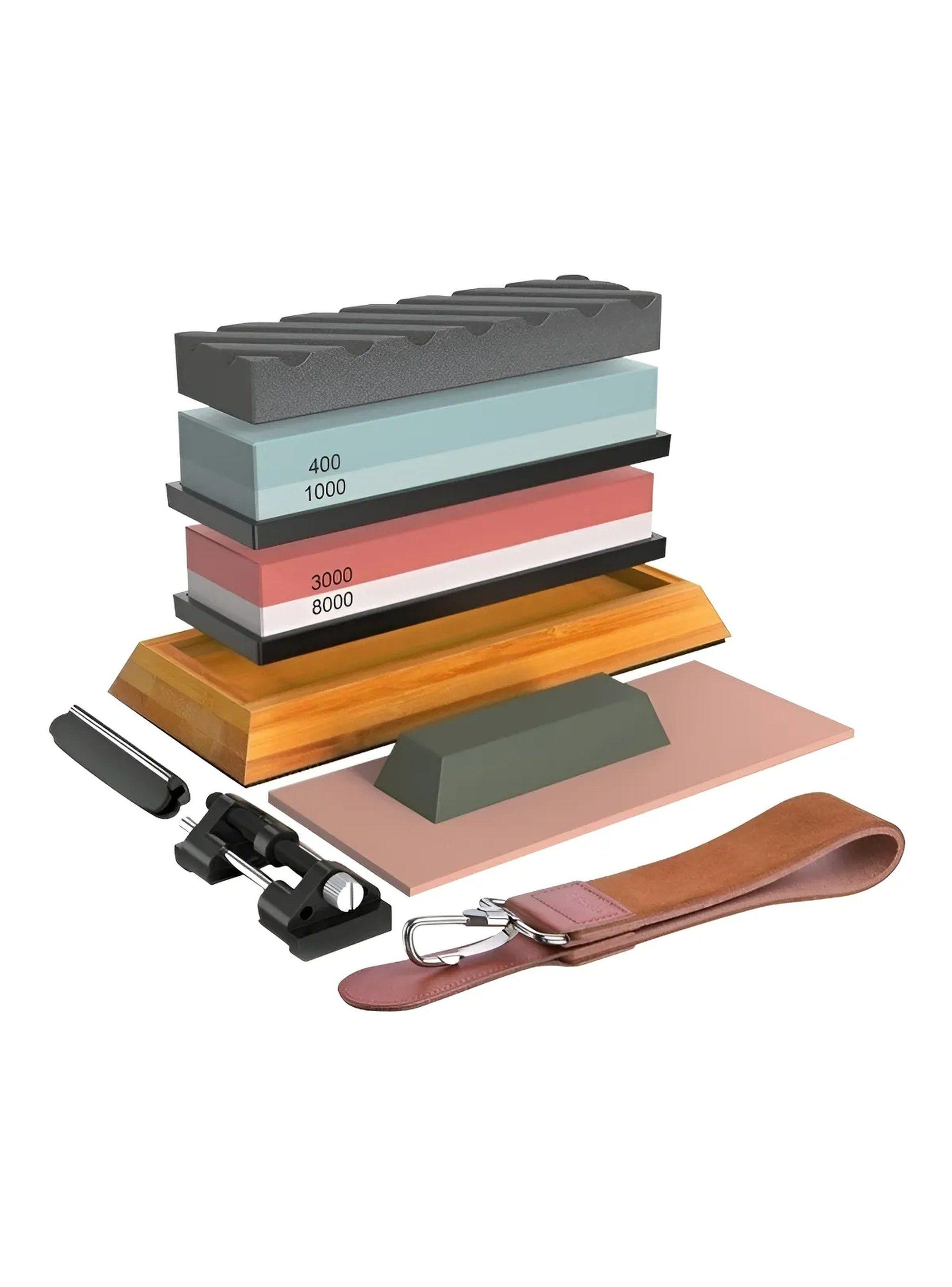 Juego de Piedras de Afilar Cuchillos 400/1000/3000/8000 con Base de Madera y Accesorios-0