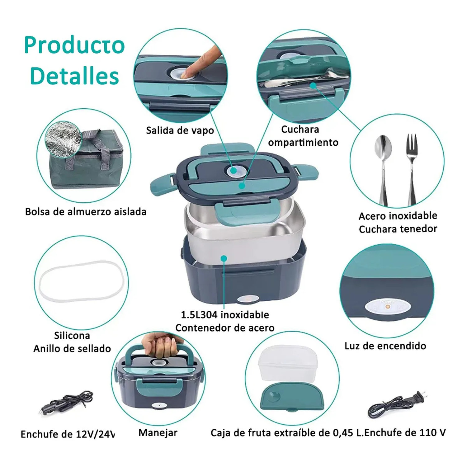 Lonchera Eléctrica 80W Acero Inoxidable 1.5L Compartimentos │ Coche y Hogar-2