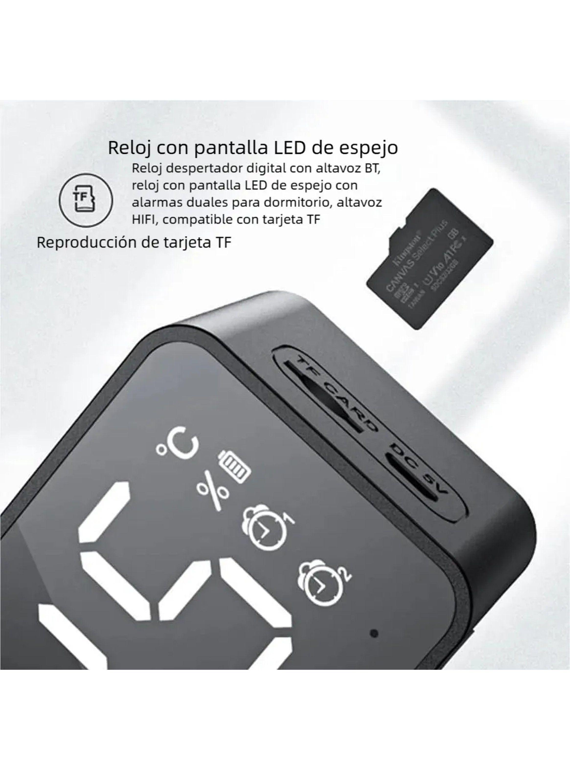 Reloj Despertador Digital Pantalla LED Espejo Altavoz BT Alarma Tarjeta TF-2