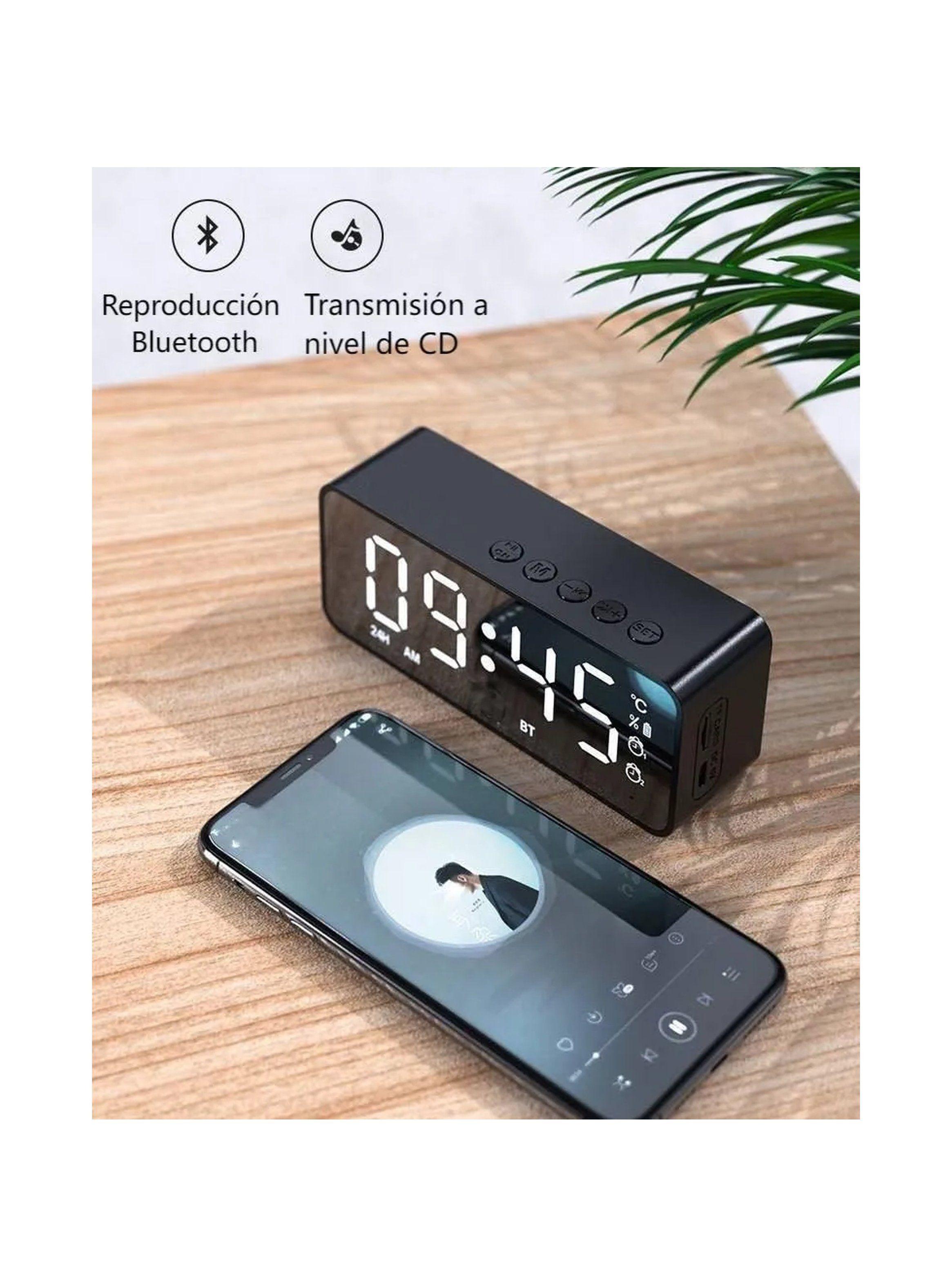 Reloj Despertador Digital Pantalla LED Espejo Altavoz BT Alarma Tarjeta TF-4