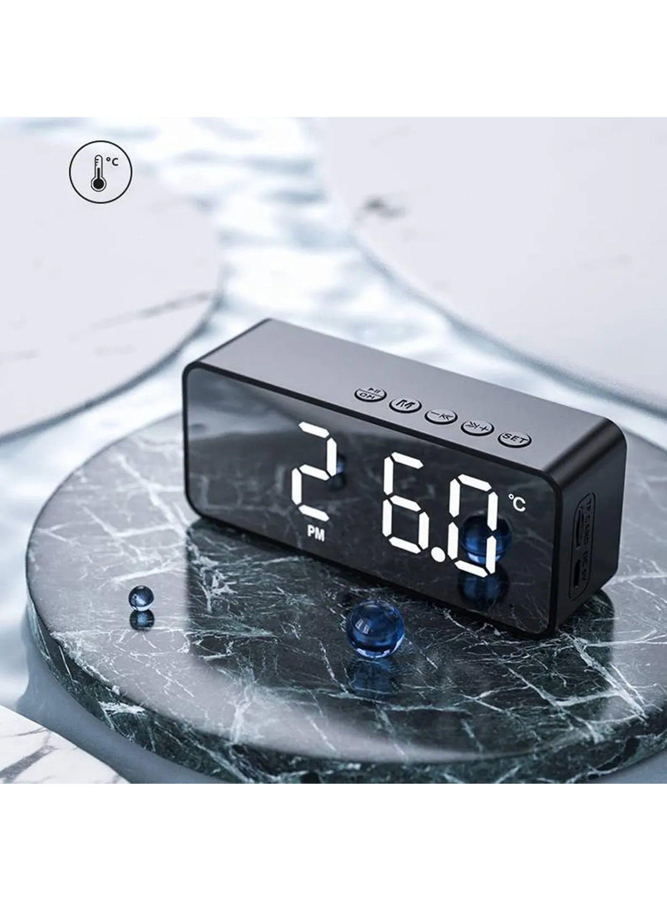 Reloj Despertador Digital Pantalla LED Espejo Altavoz BT Alarma Tarjeta TF-5