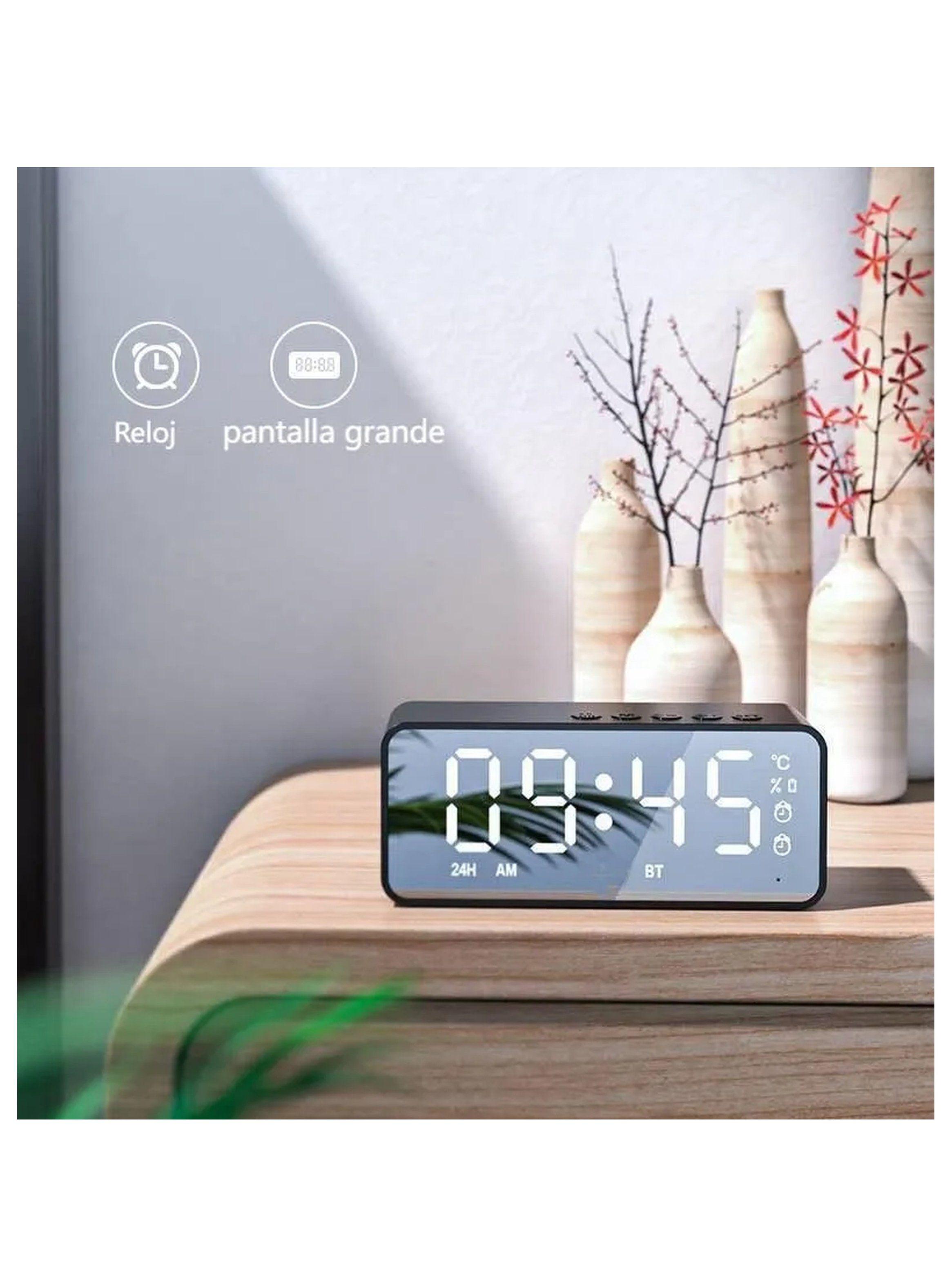 Reloj Despertador Digital Pantalla LED Espejo Altavoz BT Alarma Tarjeta TF-7