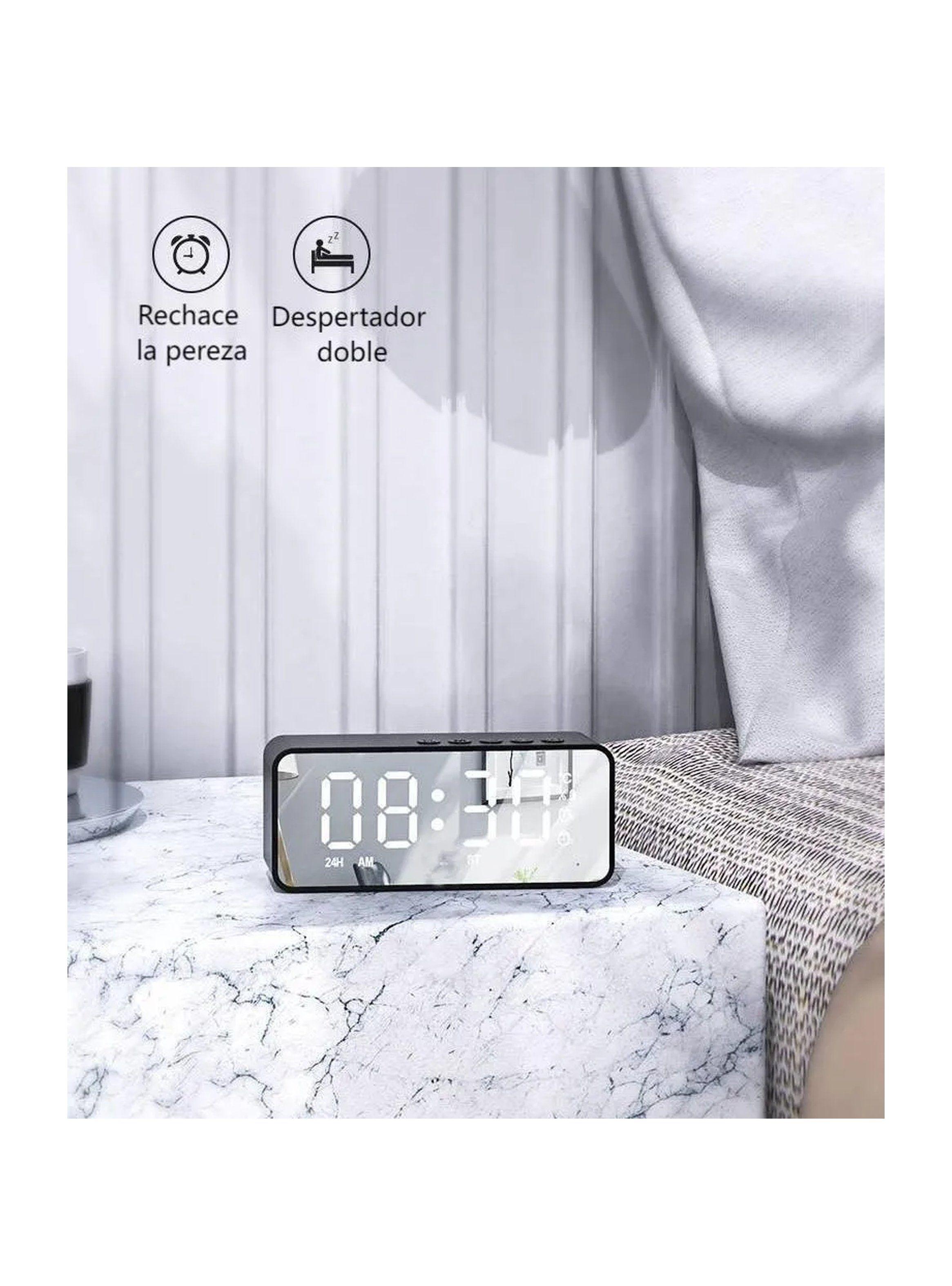 Reloj Despertador Digital Pantalla LED Espejo Altavoz BT Alarma Tarjeta TF-8
