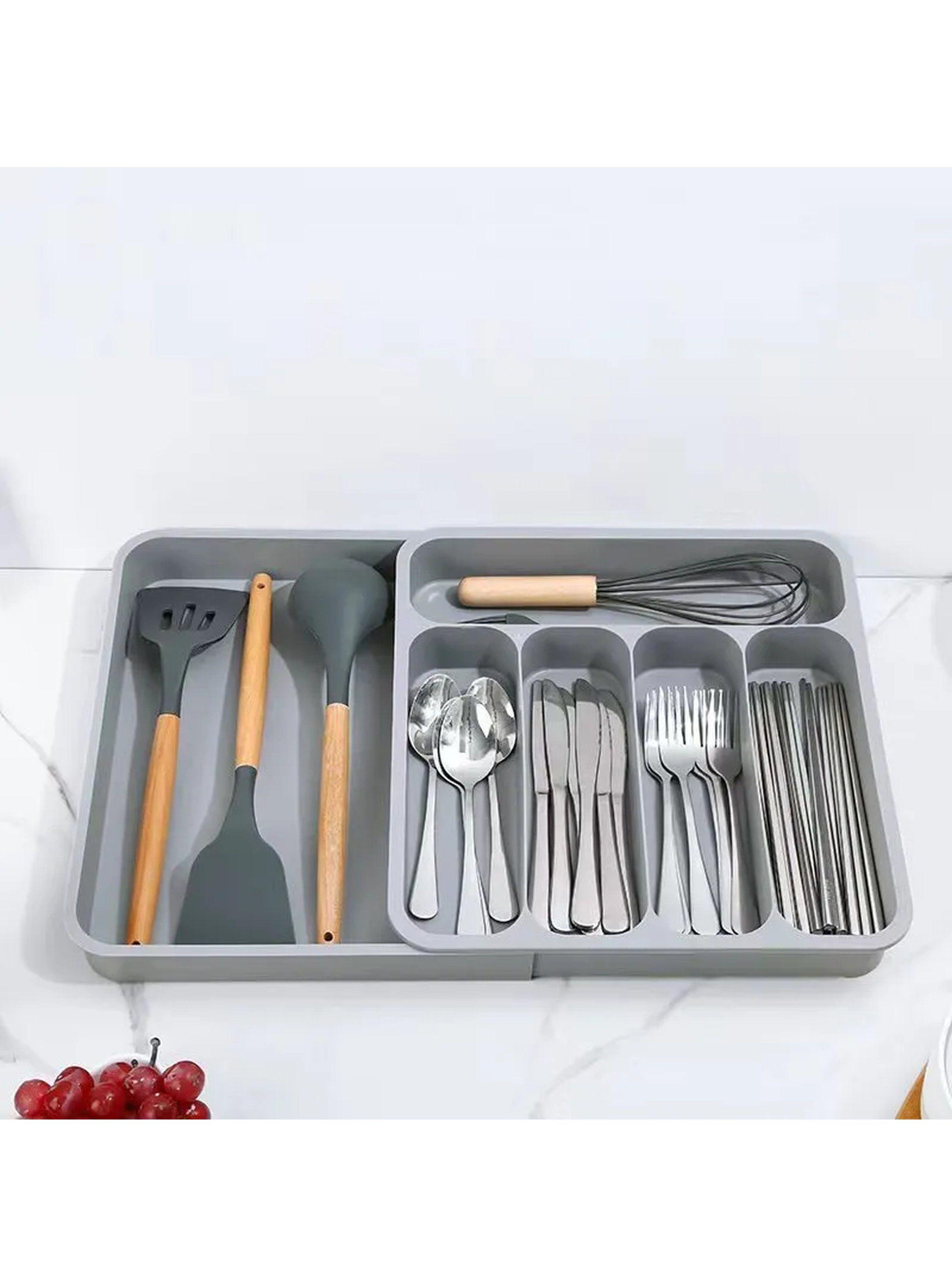 Organizador de Cubiertos y Utensilios Cocina Plástico Gris Compartimientos Ajustables-0