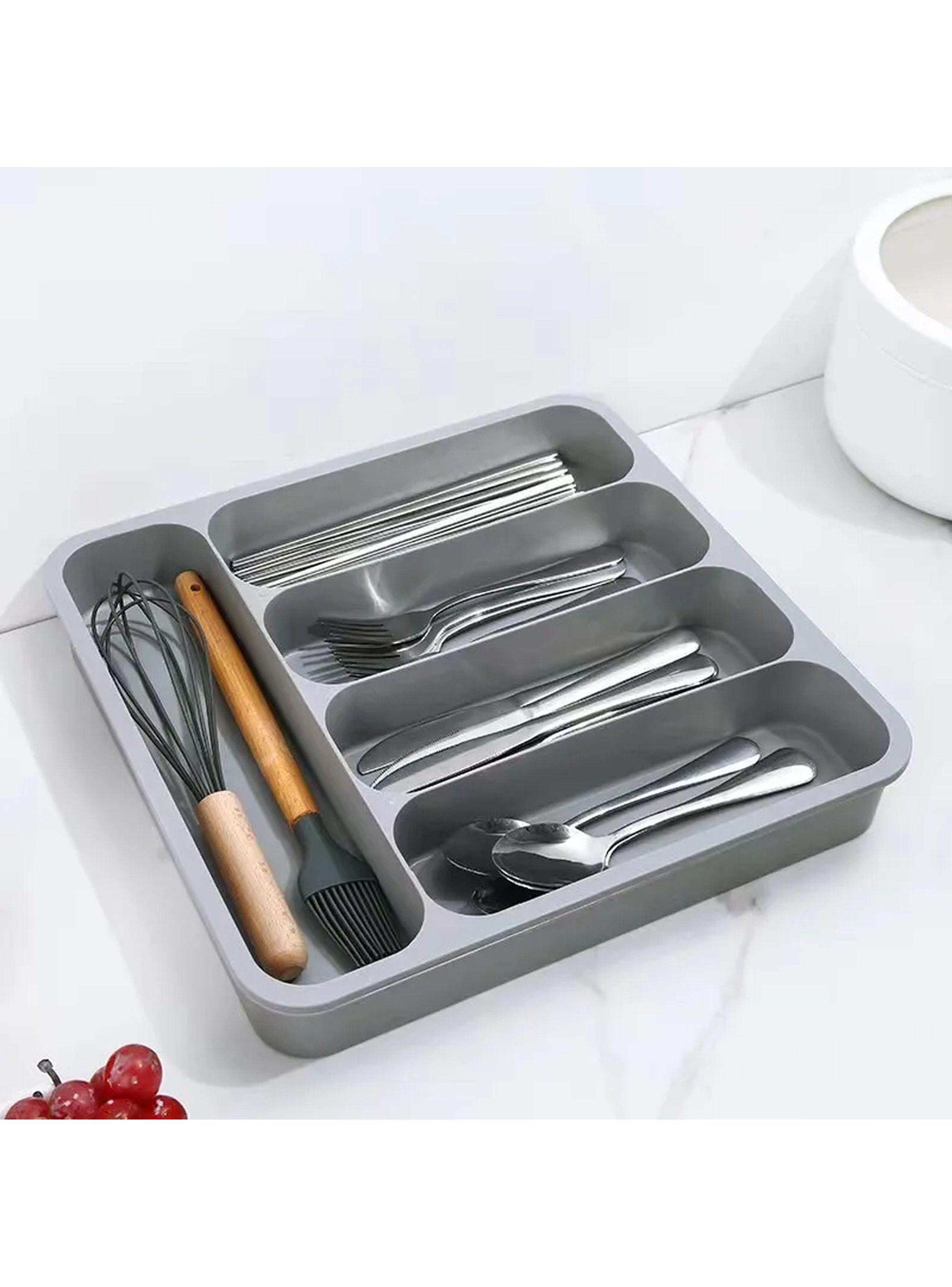 Organizador de Cubiertos y Utensilios Cocina Plástico Gris Compartimientos Ajustables-1