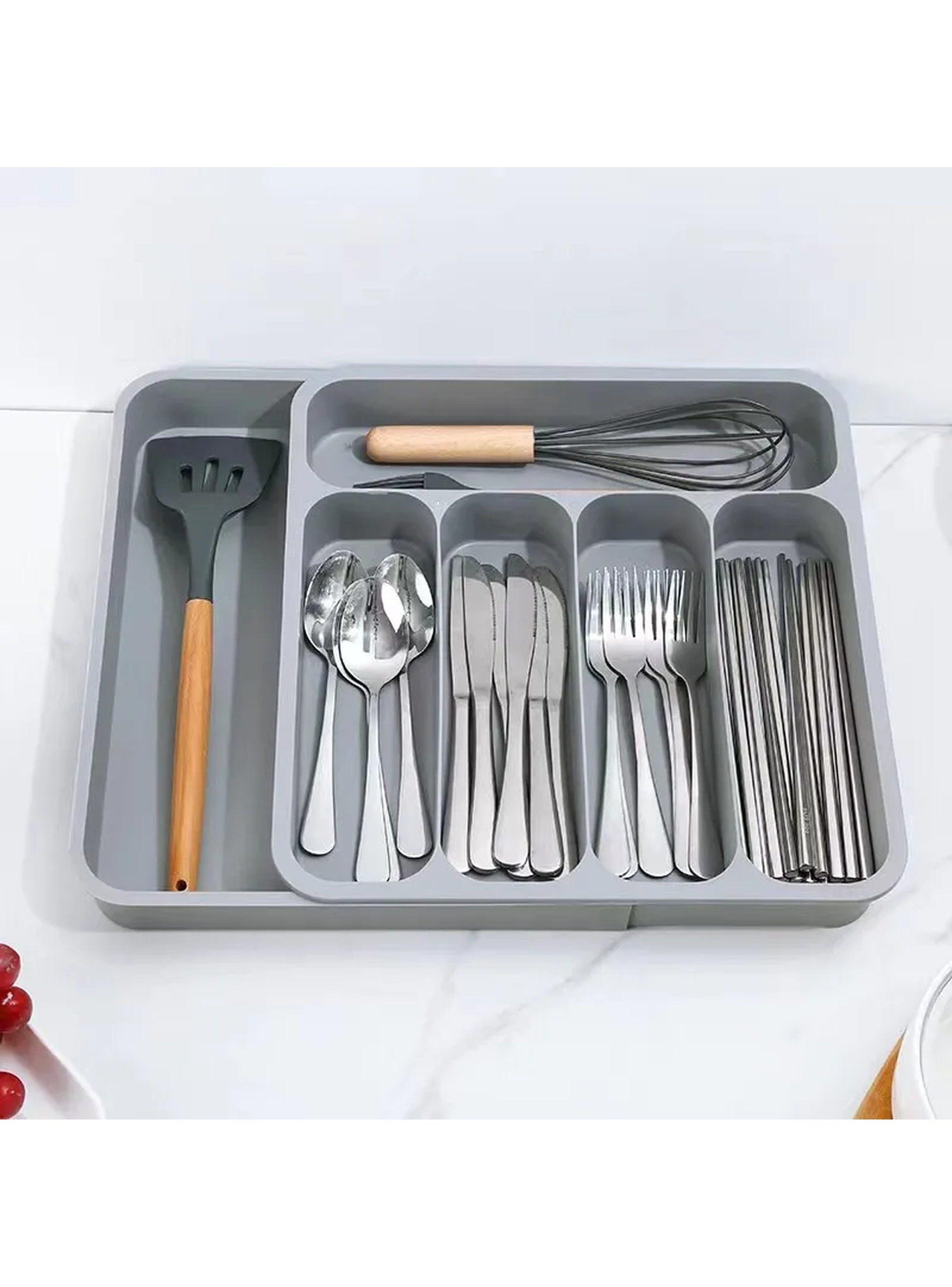 Organizador de Cubiertos y Utensilios Cocina Plástico Gris Compartimientos Ajustables-2