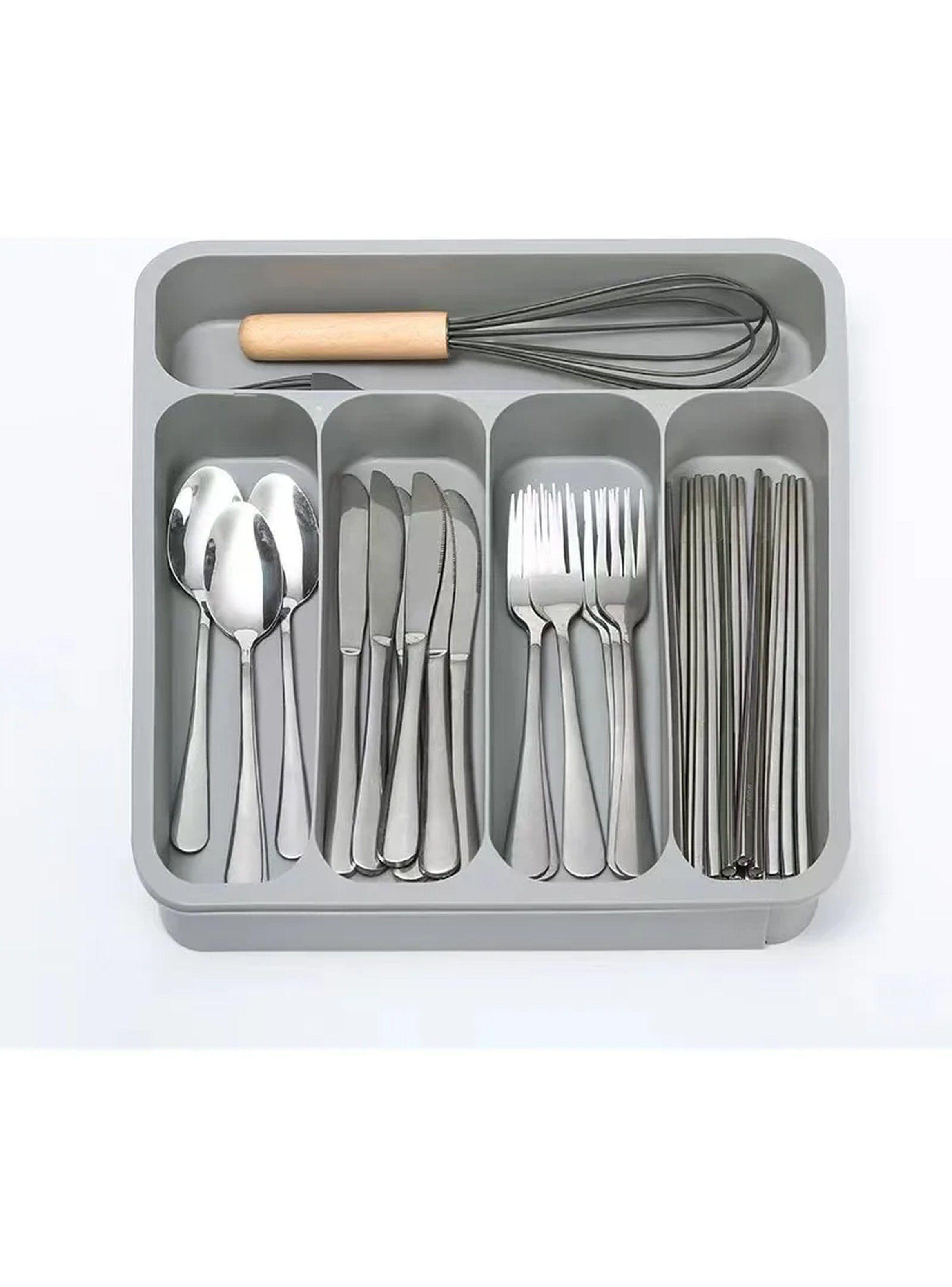 Organizador de Cubiertos y Utensilios Cocina Plástico Gris Compartimientos Ajustables-3