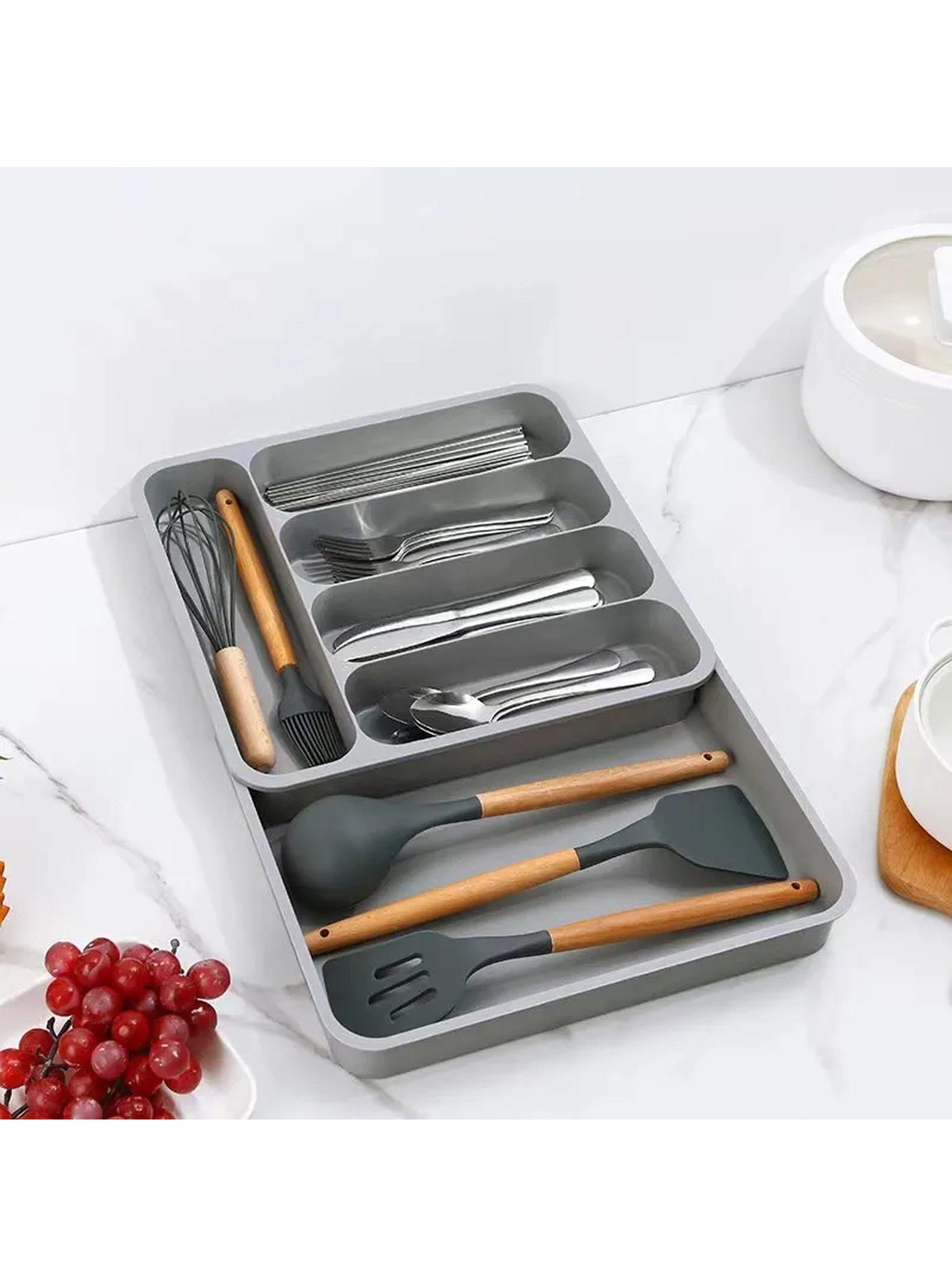 Organizador de Cubiertos y Utensilios Cocina Plástico Gris Compartimientos Ajustables-4