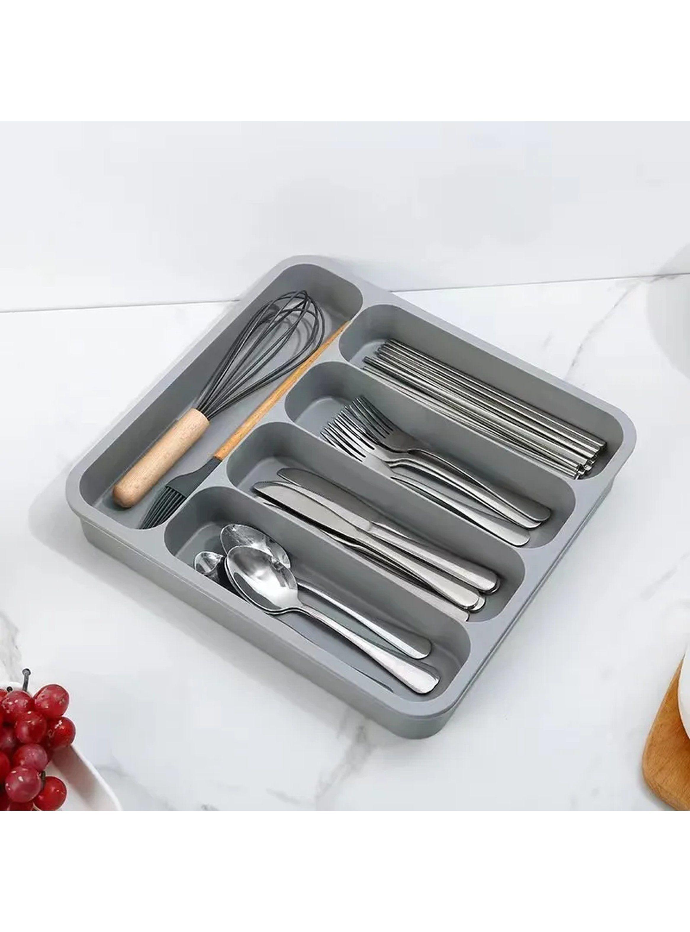 Organizador de Cubiertos y Utensilios Cocina Plástico Gris Compartimientos Ajustables-5