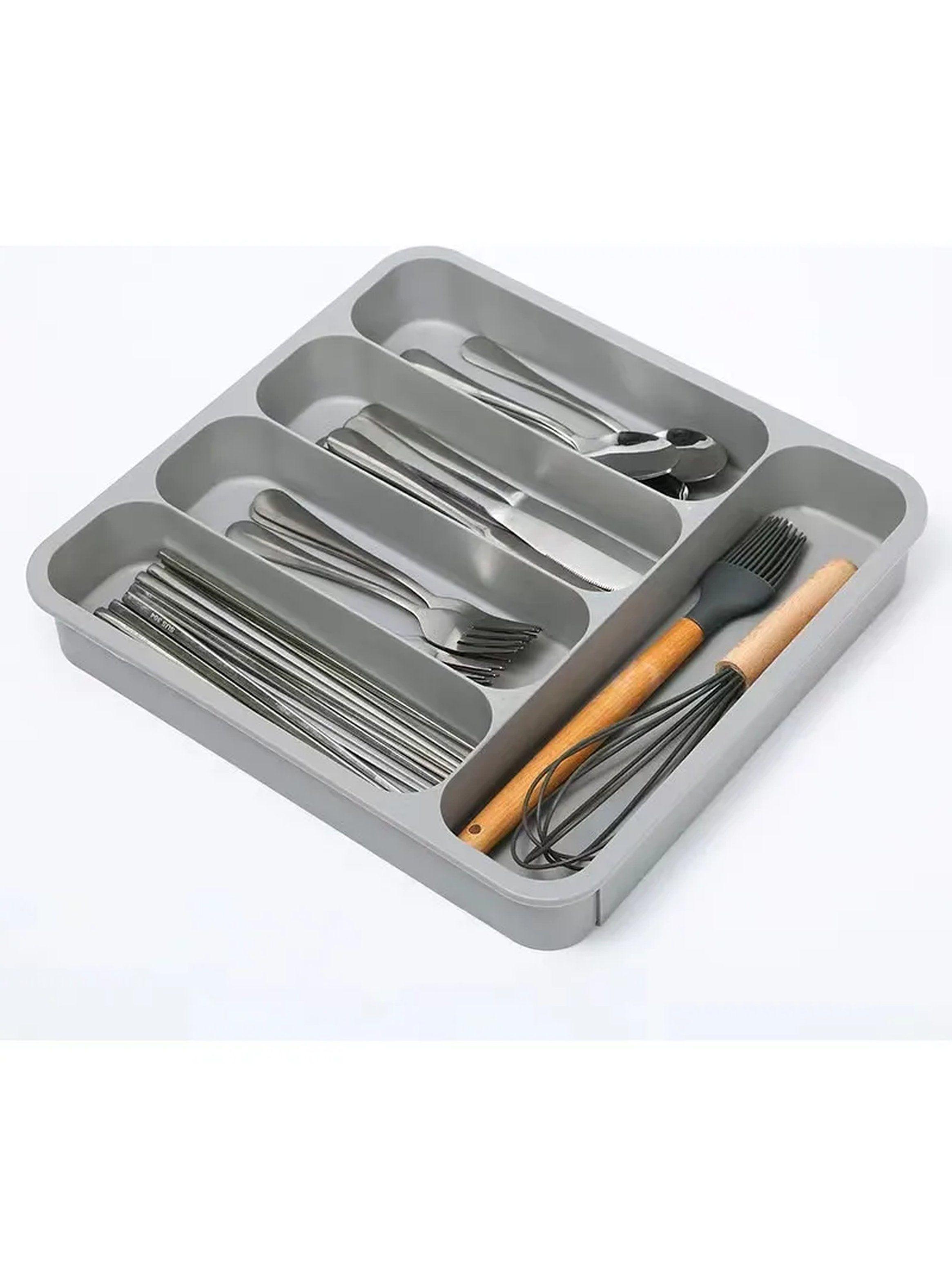 Organizador de Cubiertos y Utensilios Cocina Plástico Gris Compartimientos Ajustables-6