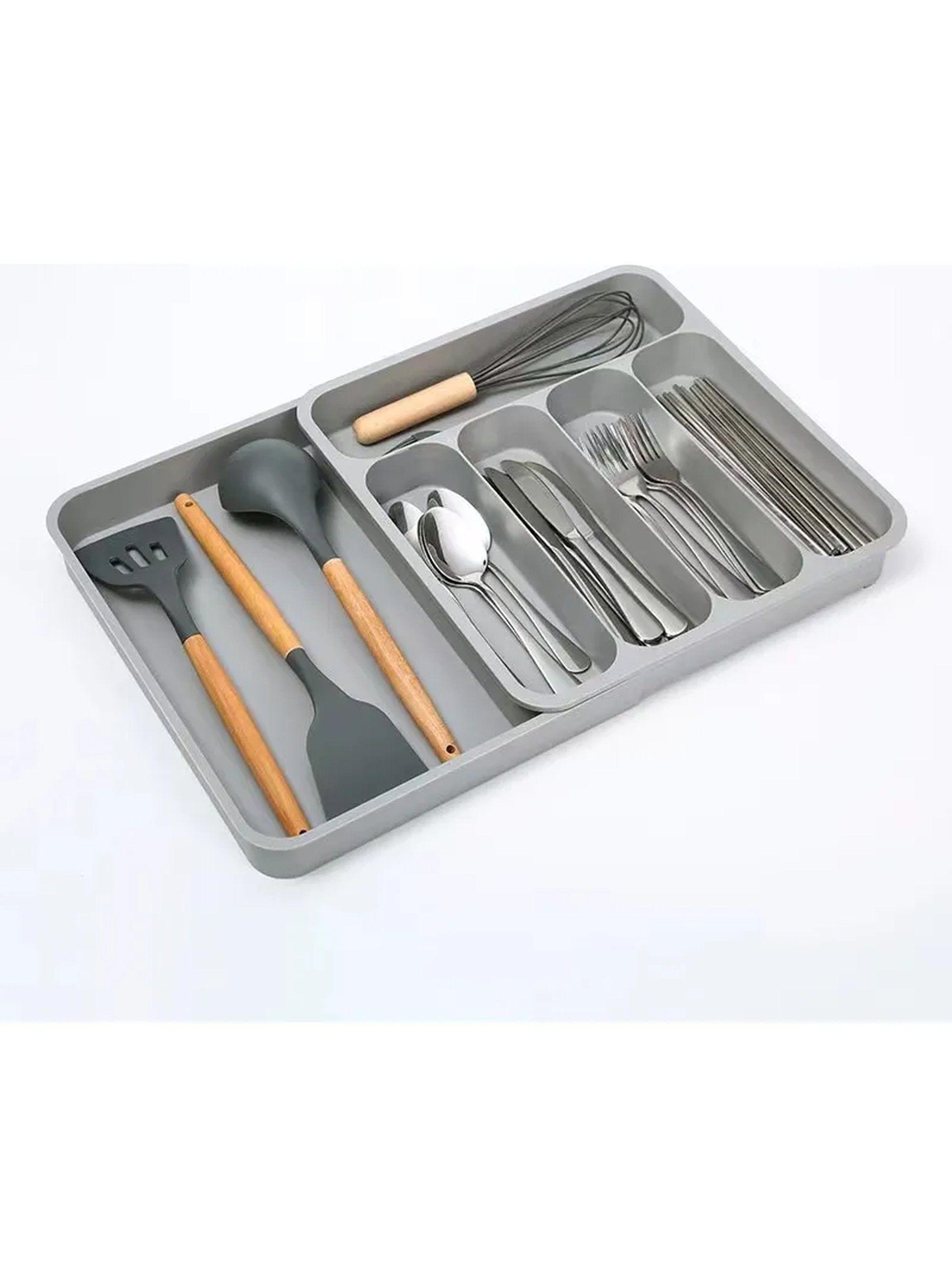 Organizador de Cubiertos y Utensilios Cocina Plástico Gris Compartimientos Ajustables-7