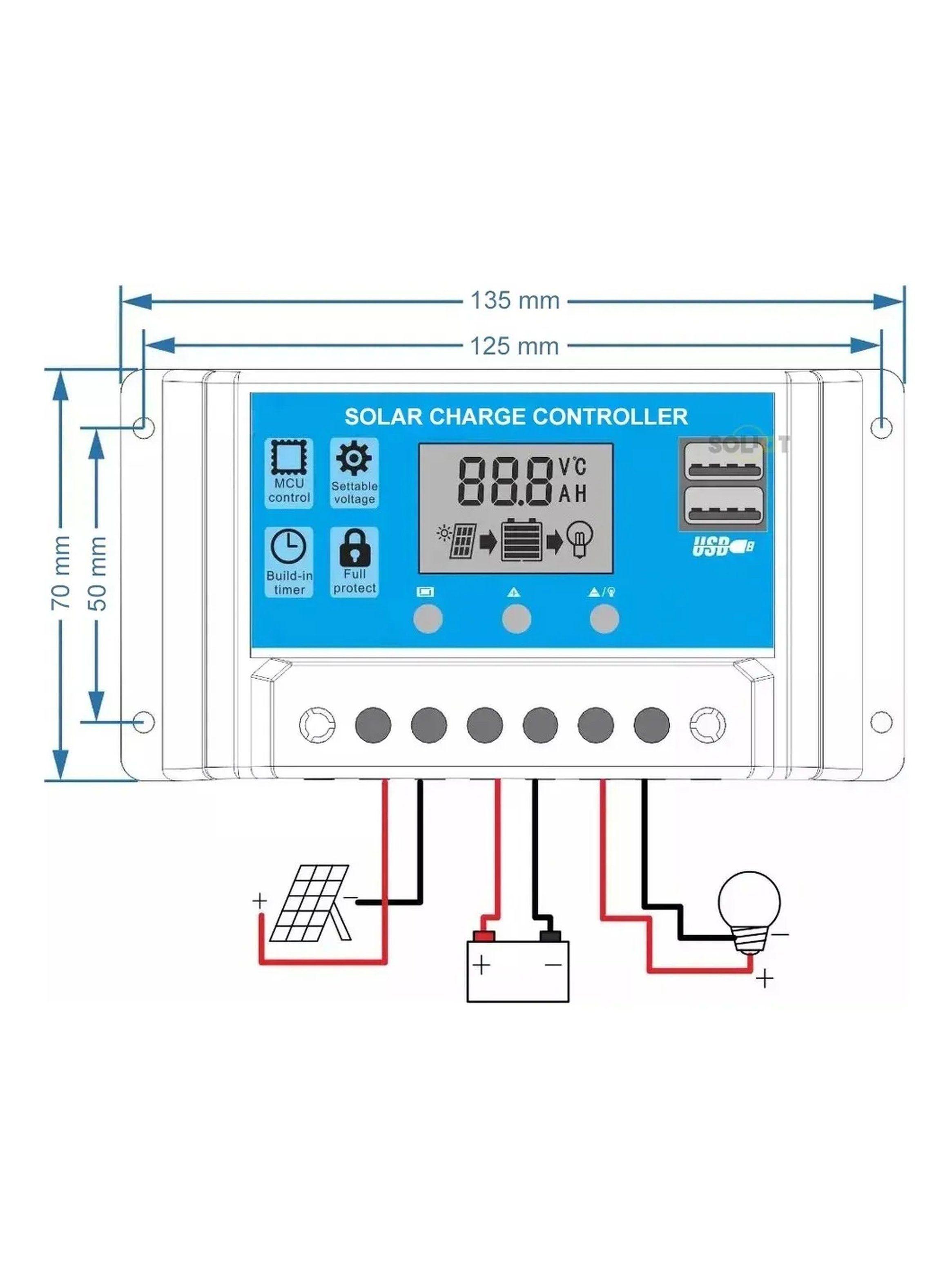 Controlador de Carga Solar LED USB Panel 12V/24V 30A-3