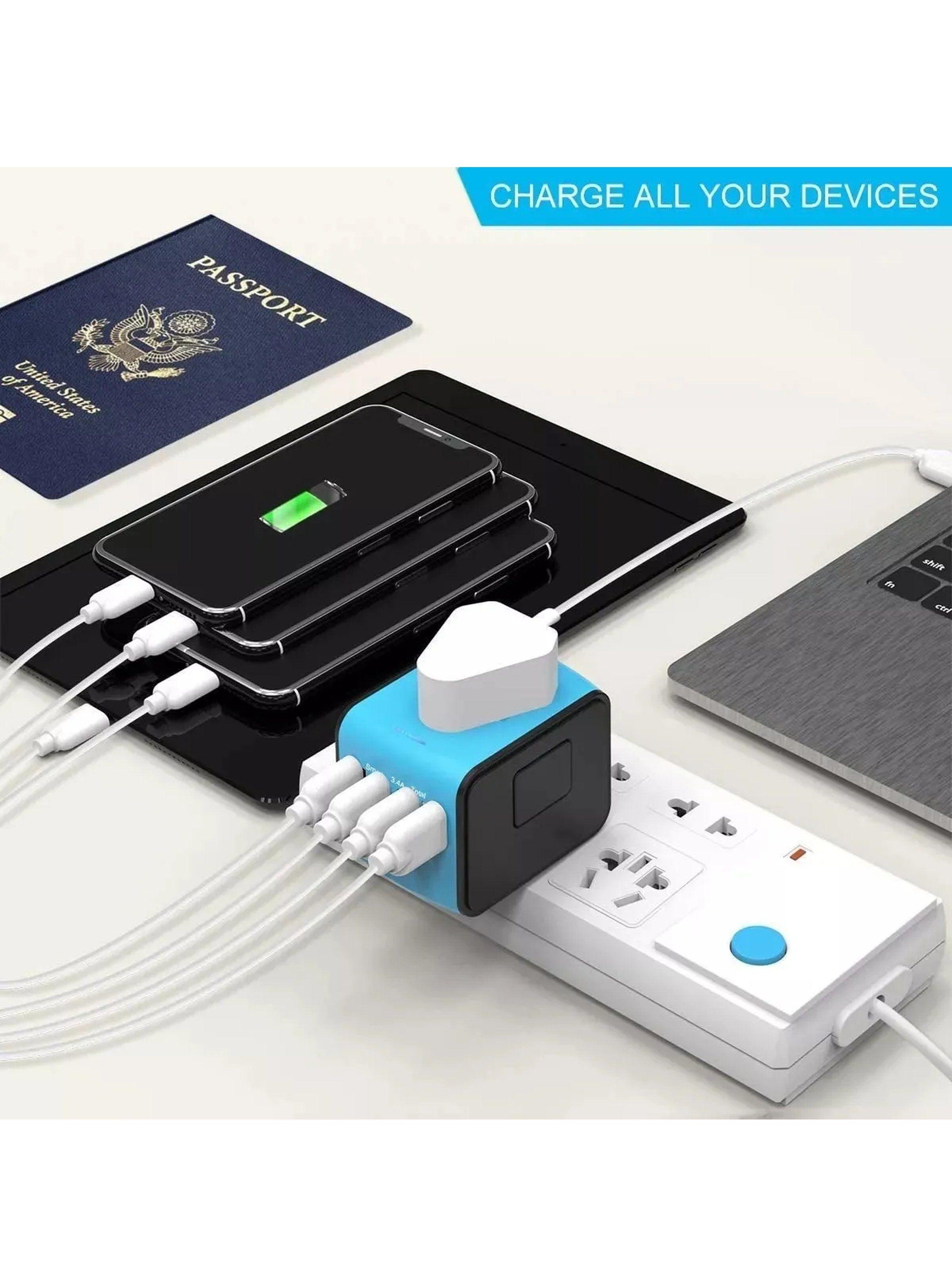 Adaptador de Viaje Universal USB Tipo-C 4 Puertos Multipaís-4