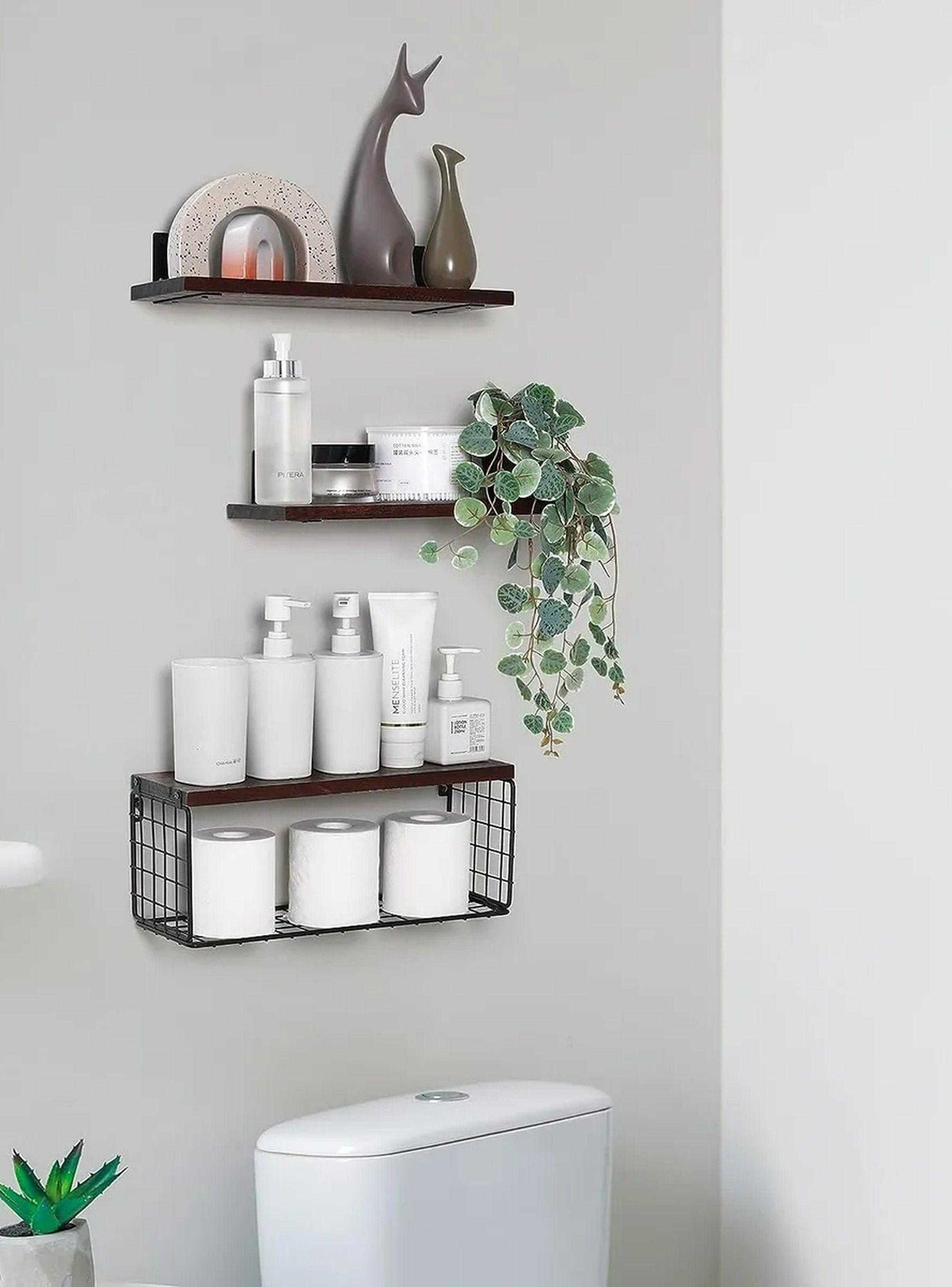 Estantes Flotantes de Madera de Pino Negro con Rejilla Metálica-3