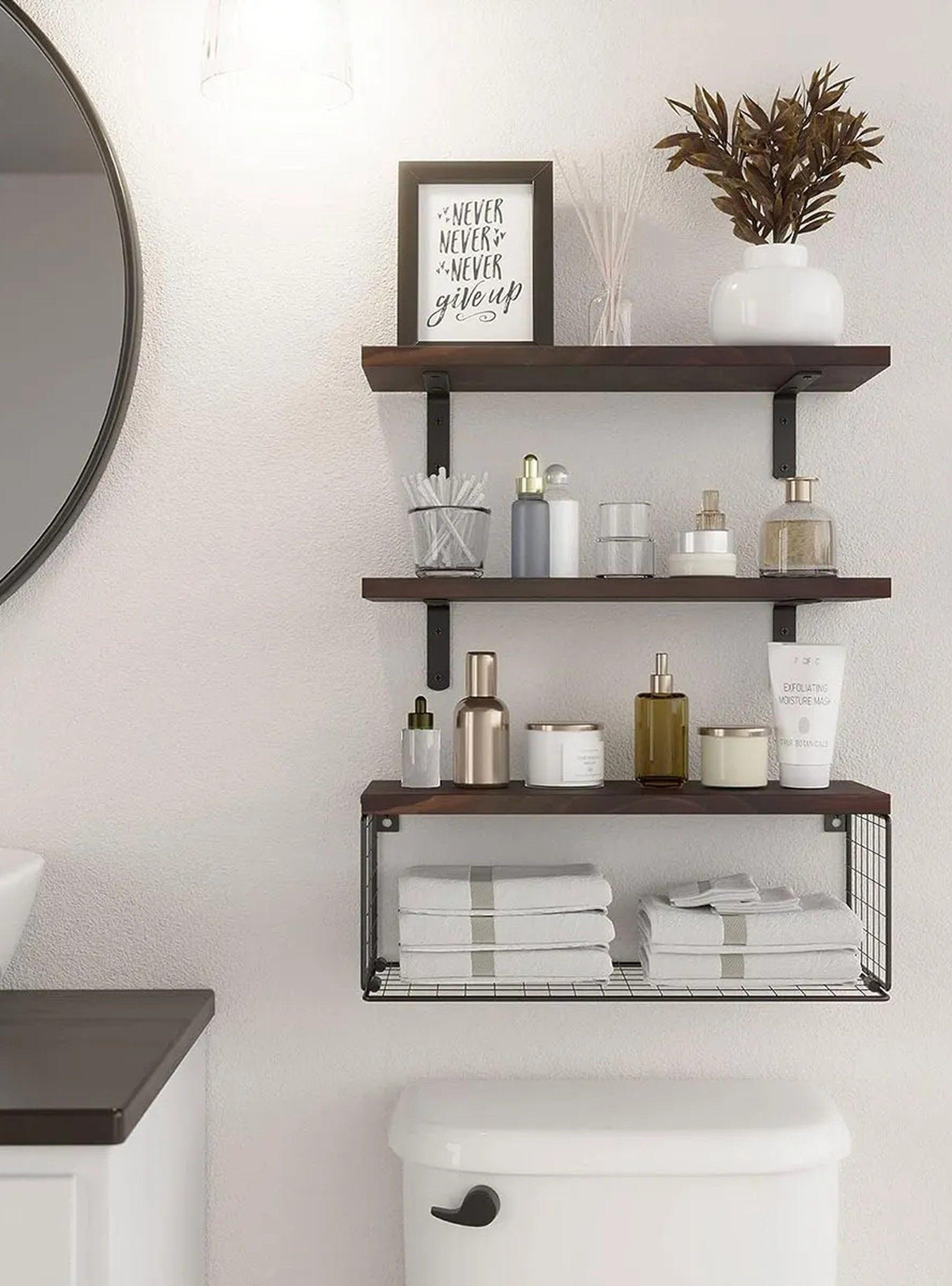 Estantes Flotantes de Madera de Pino Negro con Rejilla Metálica-4